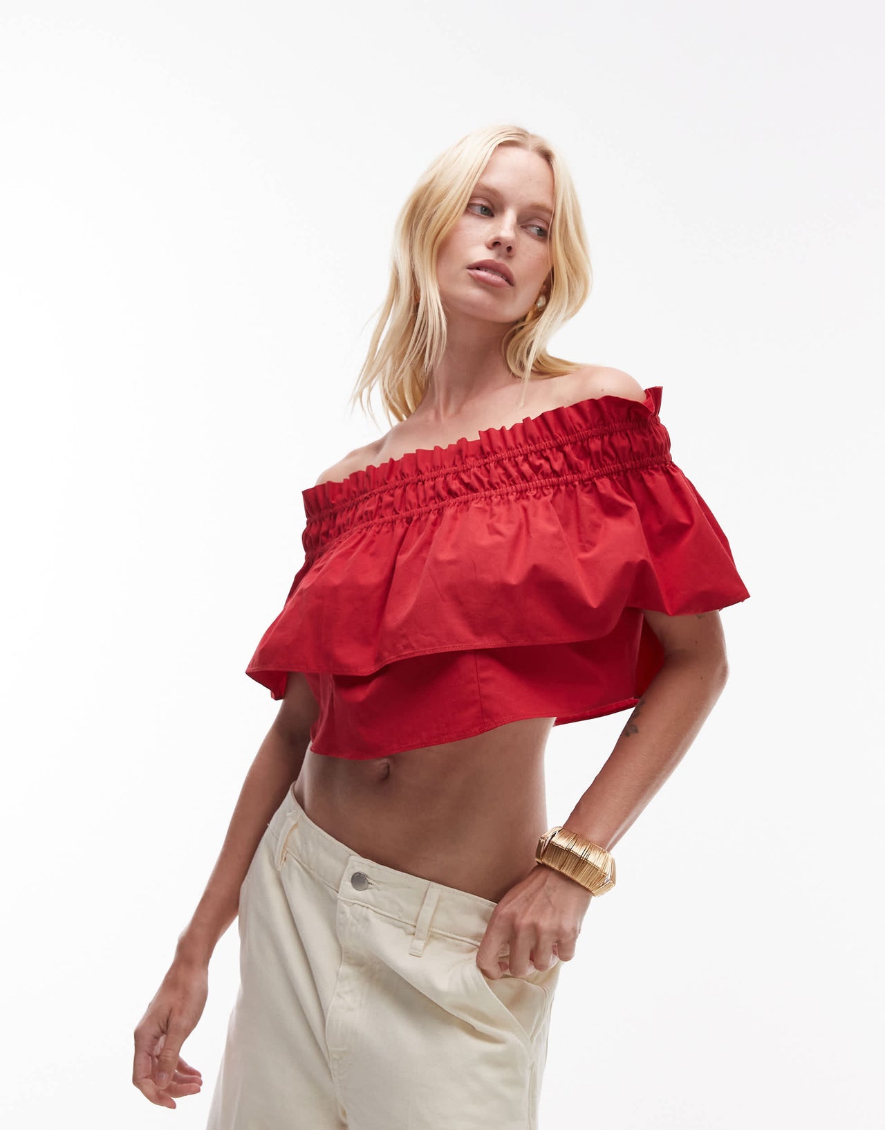 Mango featuring Kaia Gerber premium cotton shirred detail bandeau top in red