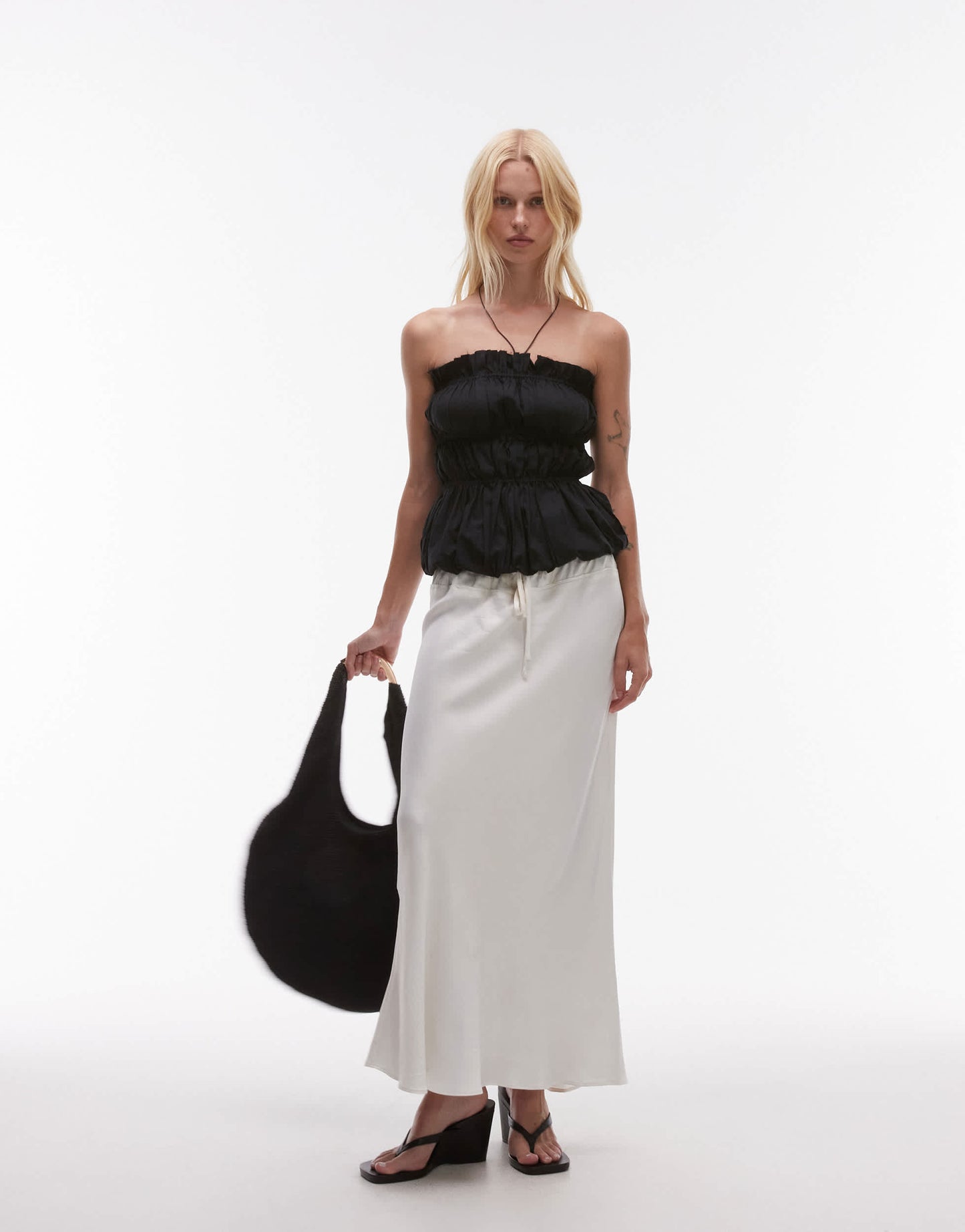 Mango featuring Kaia Gerber premium cotton shirred bandeau top with bubble hem in black