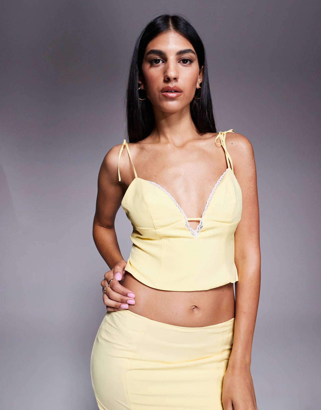 Oh Polly Pippa lace trim plunge crop top co-ord in pastel yellow