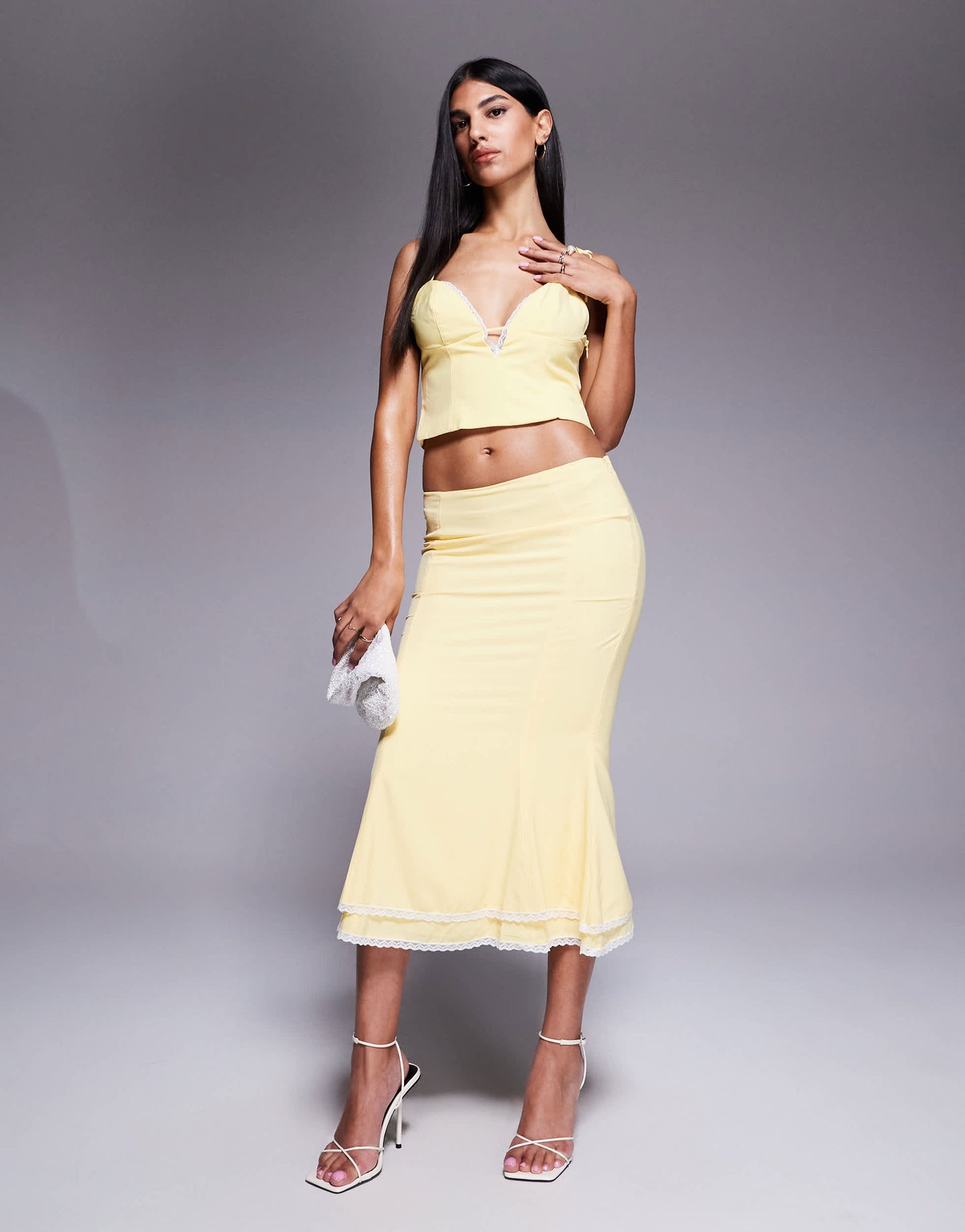 Oh Polly Pippa lace trim plunge crop top co-ord in pastel yellow