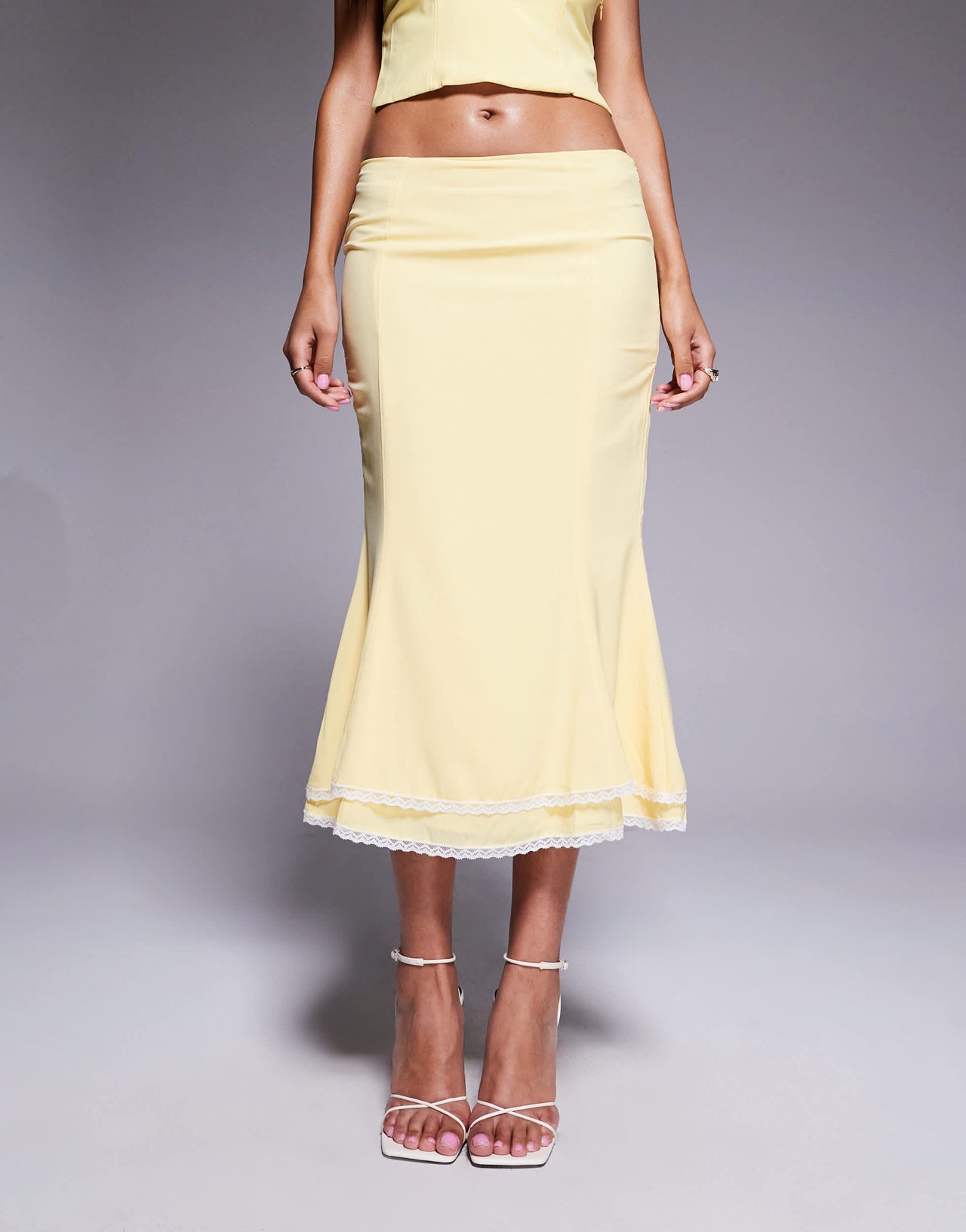 Oh Polly Lupita lace trim tiered midi skirt co-ord in pastel yellow