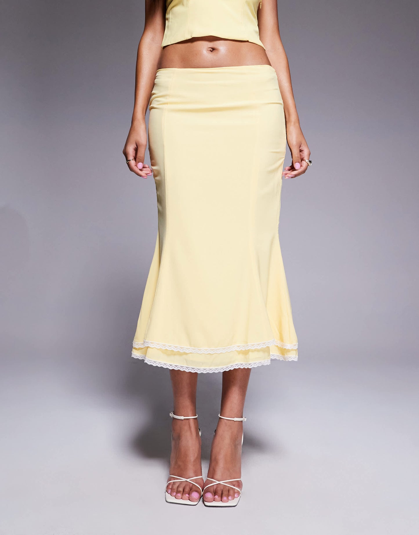 Oh Polly Lupita lace trim tiered midi skirt co-ord in pastel yellow