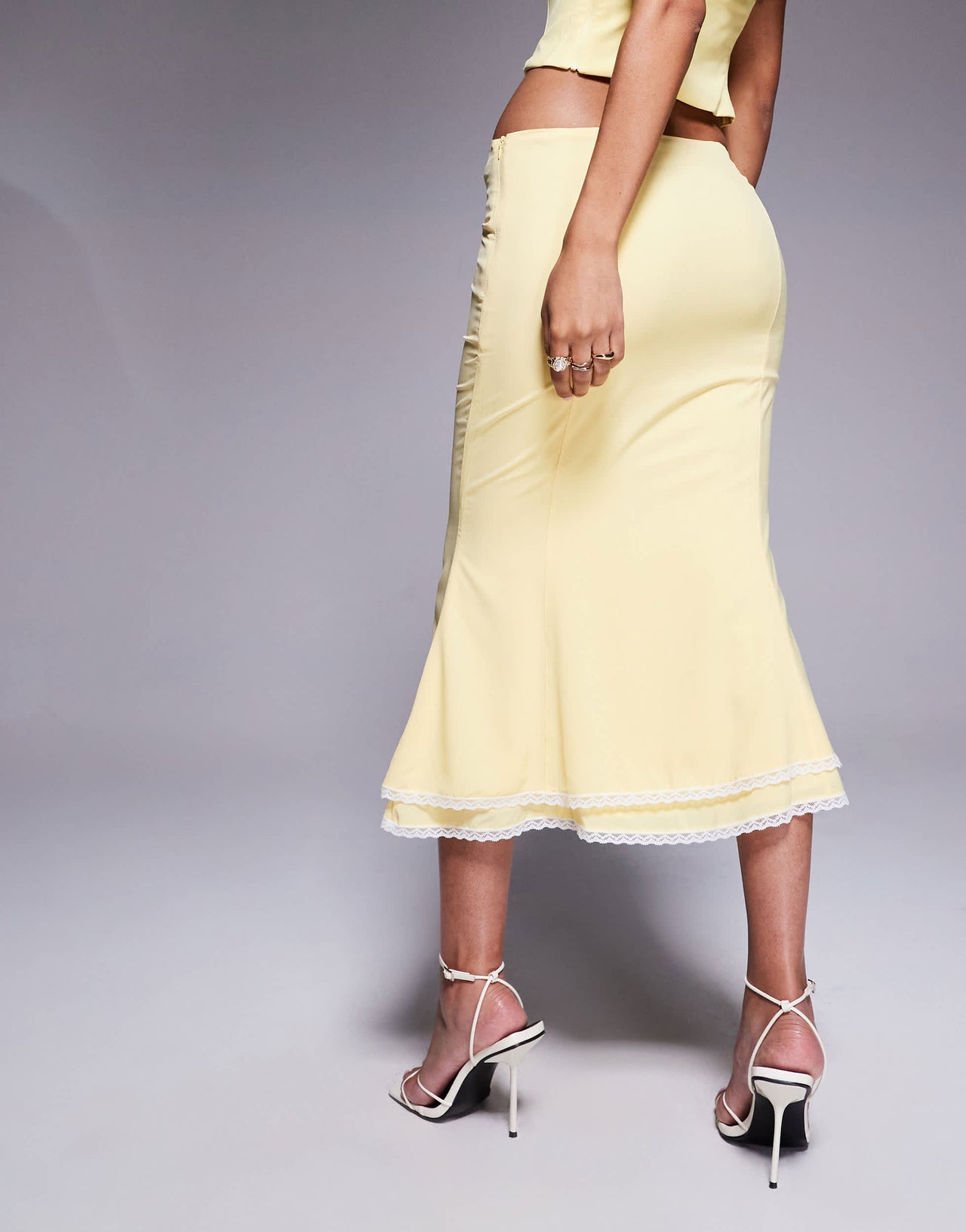 Oh Polly Lupita lace trim tiered midi skirt co-ord in pastel yellow