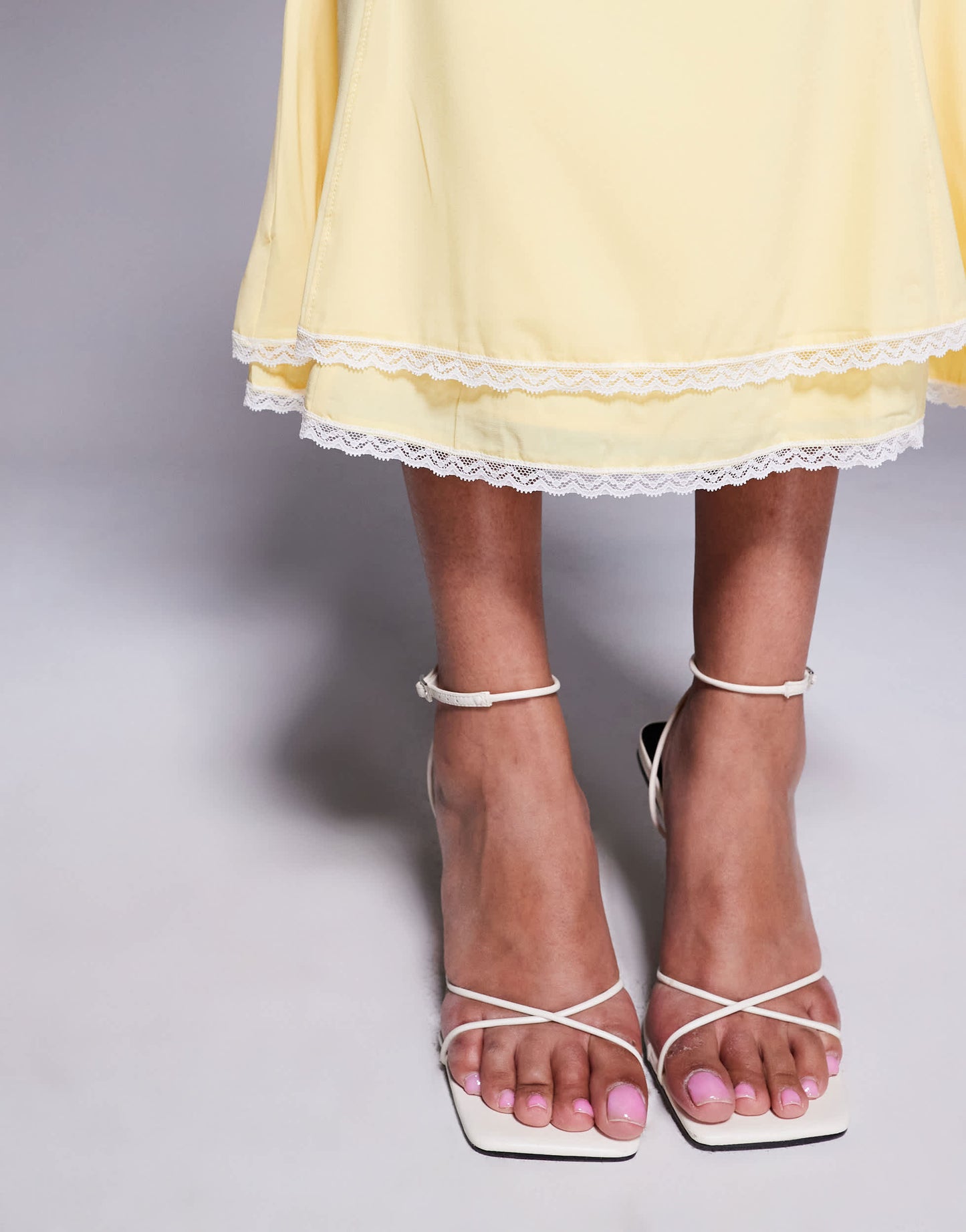Oh Polly Lupita lace trim tiered midi skirt co-ord in pastel yellow