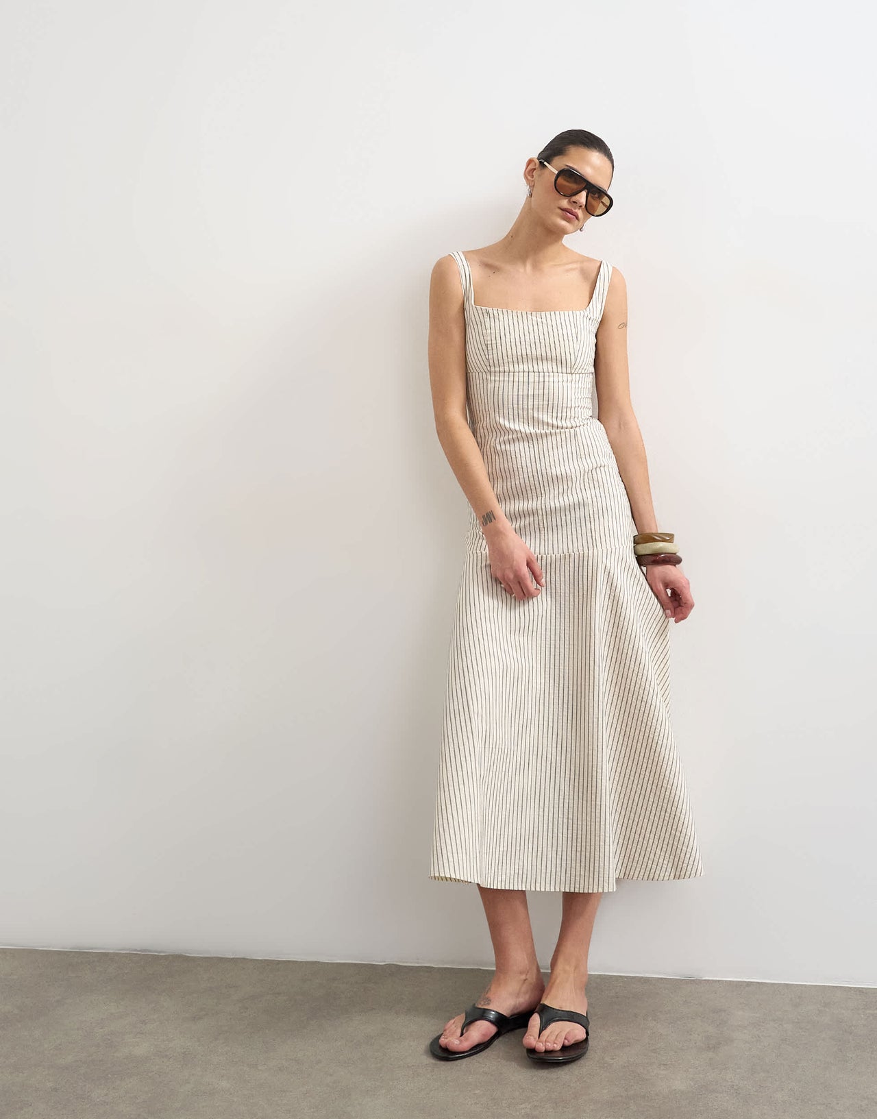 Topshop dropped waist woven stripe midi dress in mono