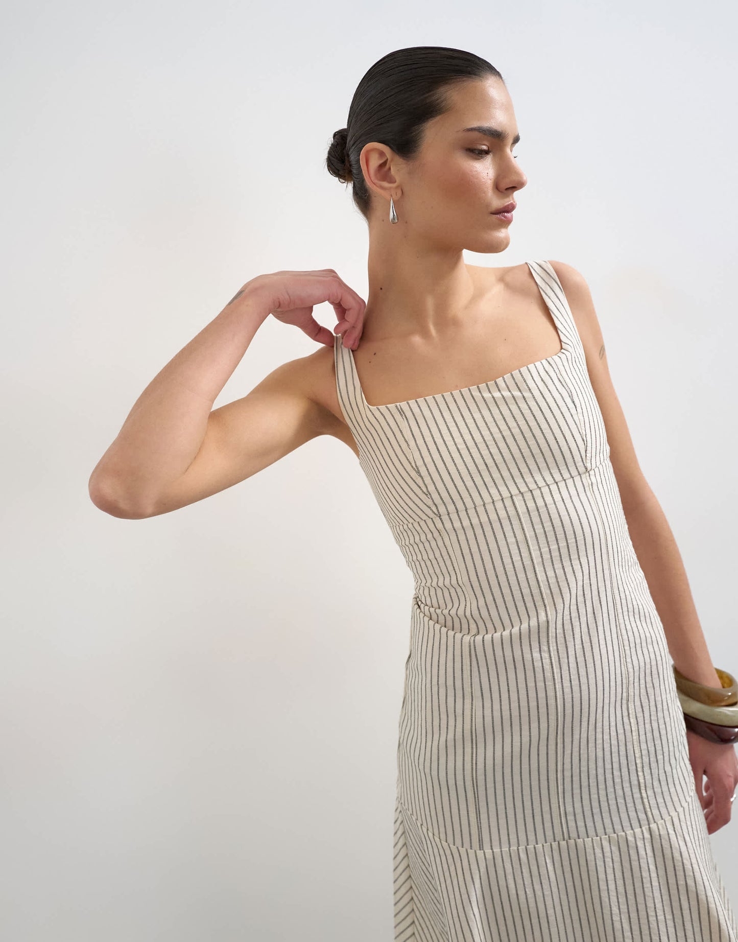 Topshop dropped waist woven stripe midi dress in mono