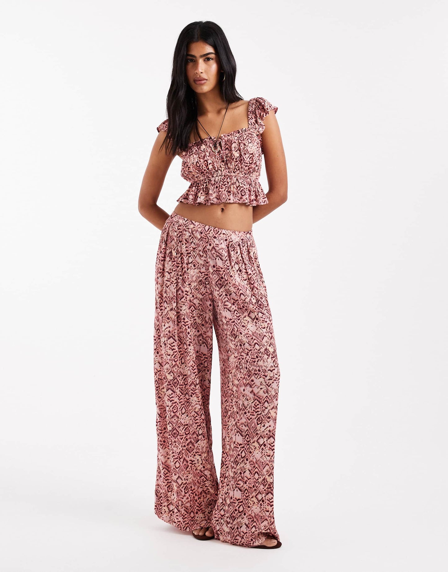 Stradivarius wide leg co-ord trouser in pink paisley print