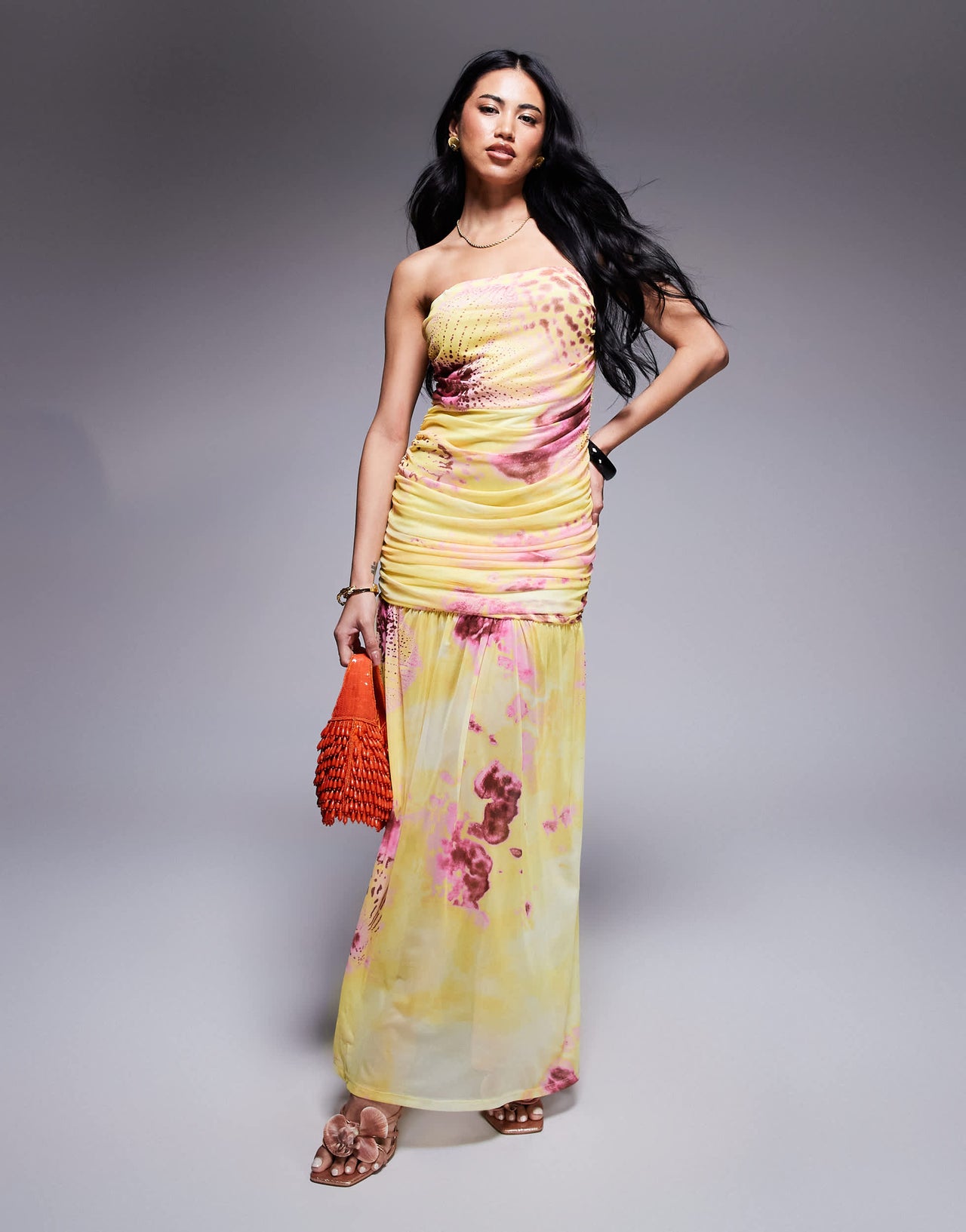 ASOS DESIGN ruched bandeau maxi dress with dropped waist in yellow floral animal print