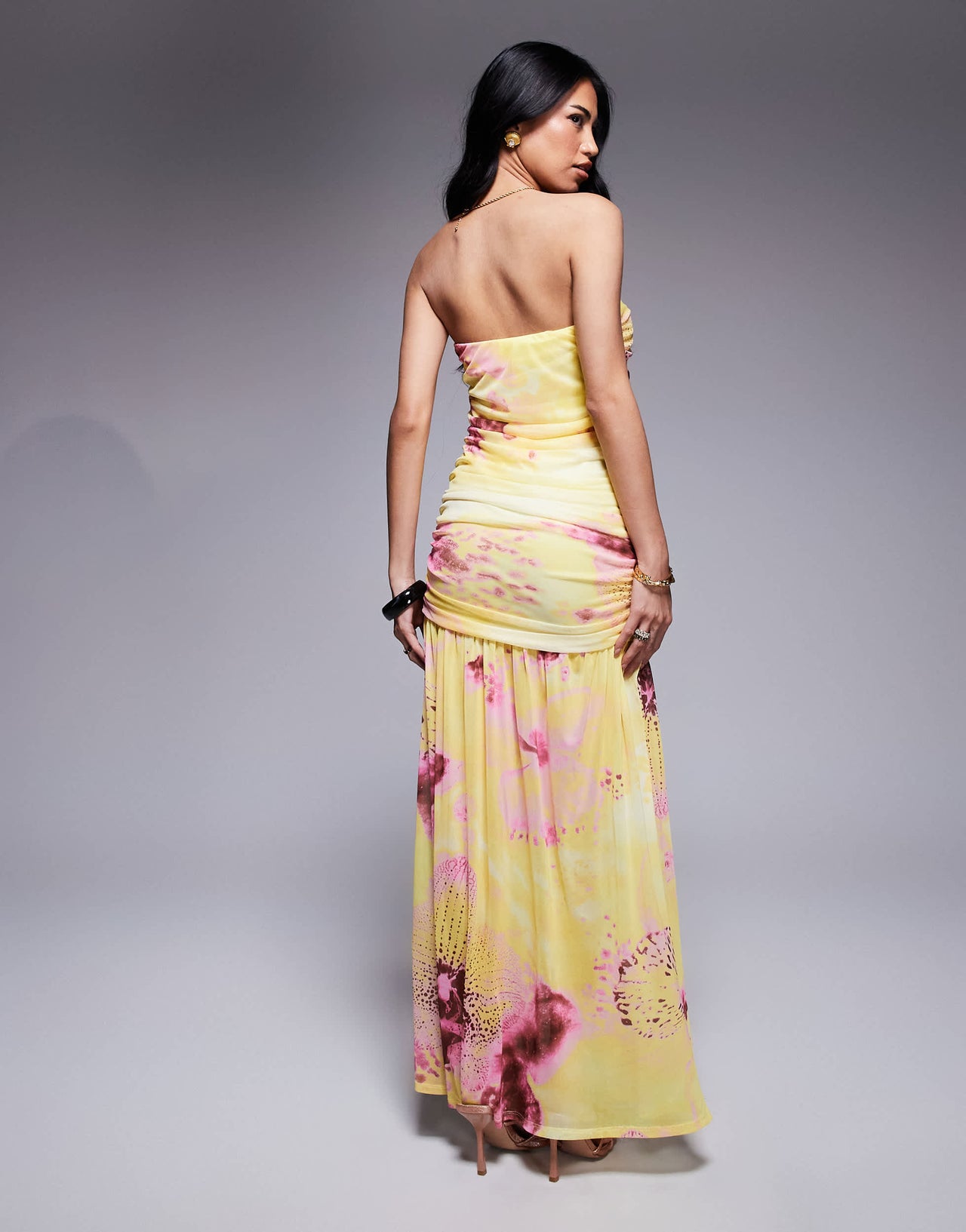 ASOS DESIGN ruched bandeau maxi dress with dropped waist in yellow floral animal print