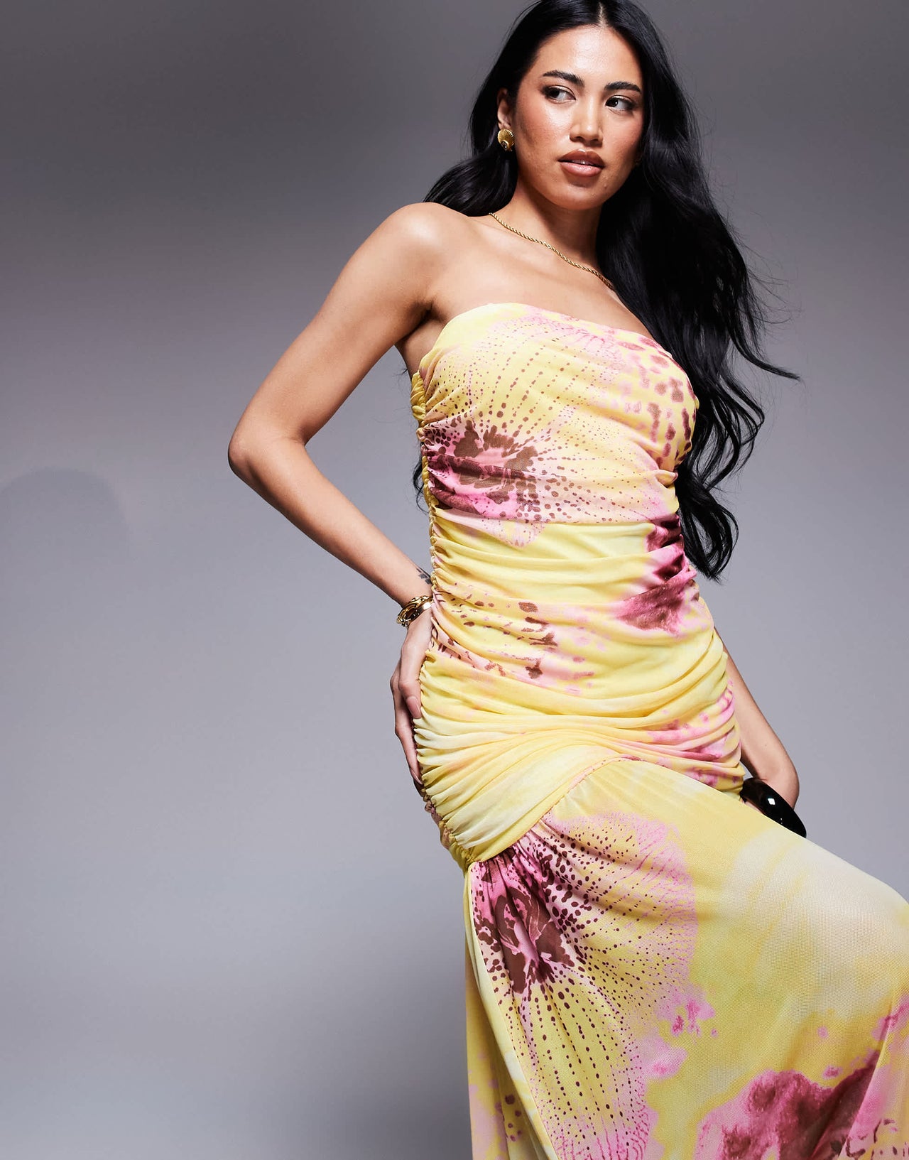 ASOS DESIGN ruched bandeau maxi dress with dropped waist in yellow floral animal print
