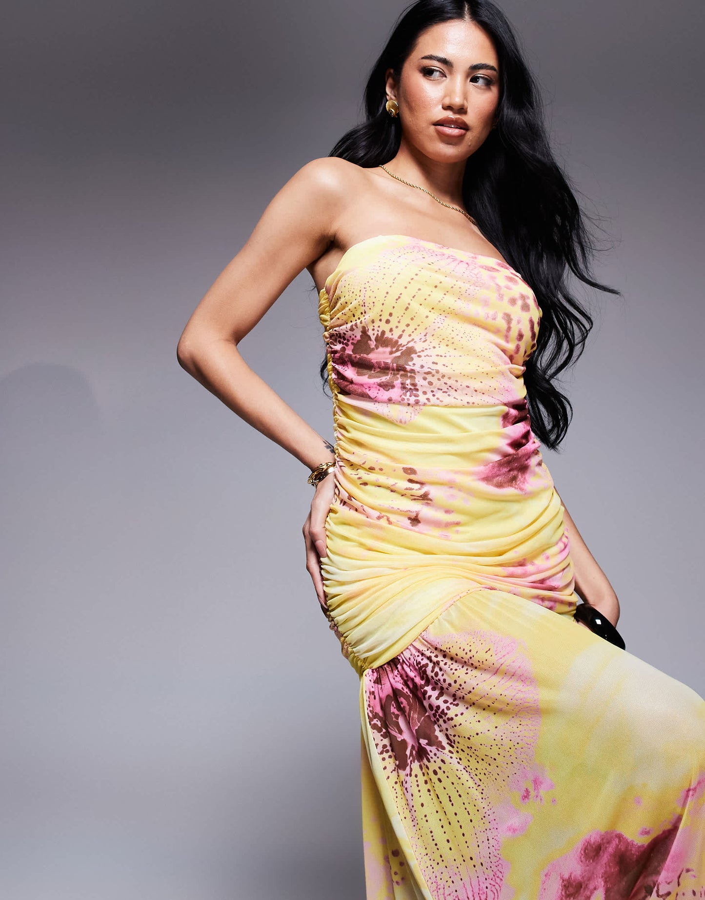 ASOS DESIGN ruched bandeau maxi dress with dropped waist in yellow floral animal print