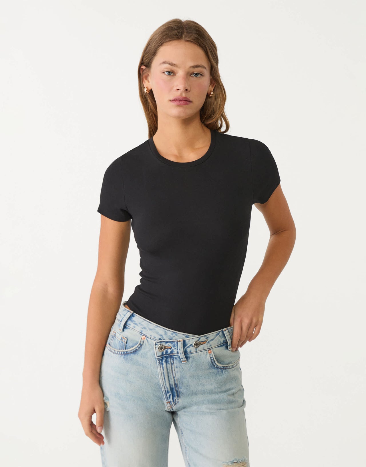 Stradivarius Basic round neck bodysuit in Black