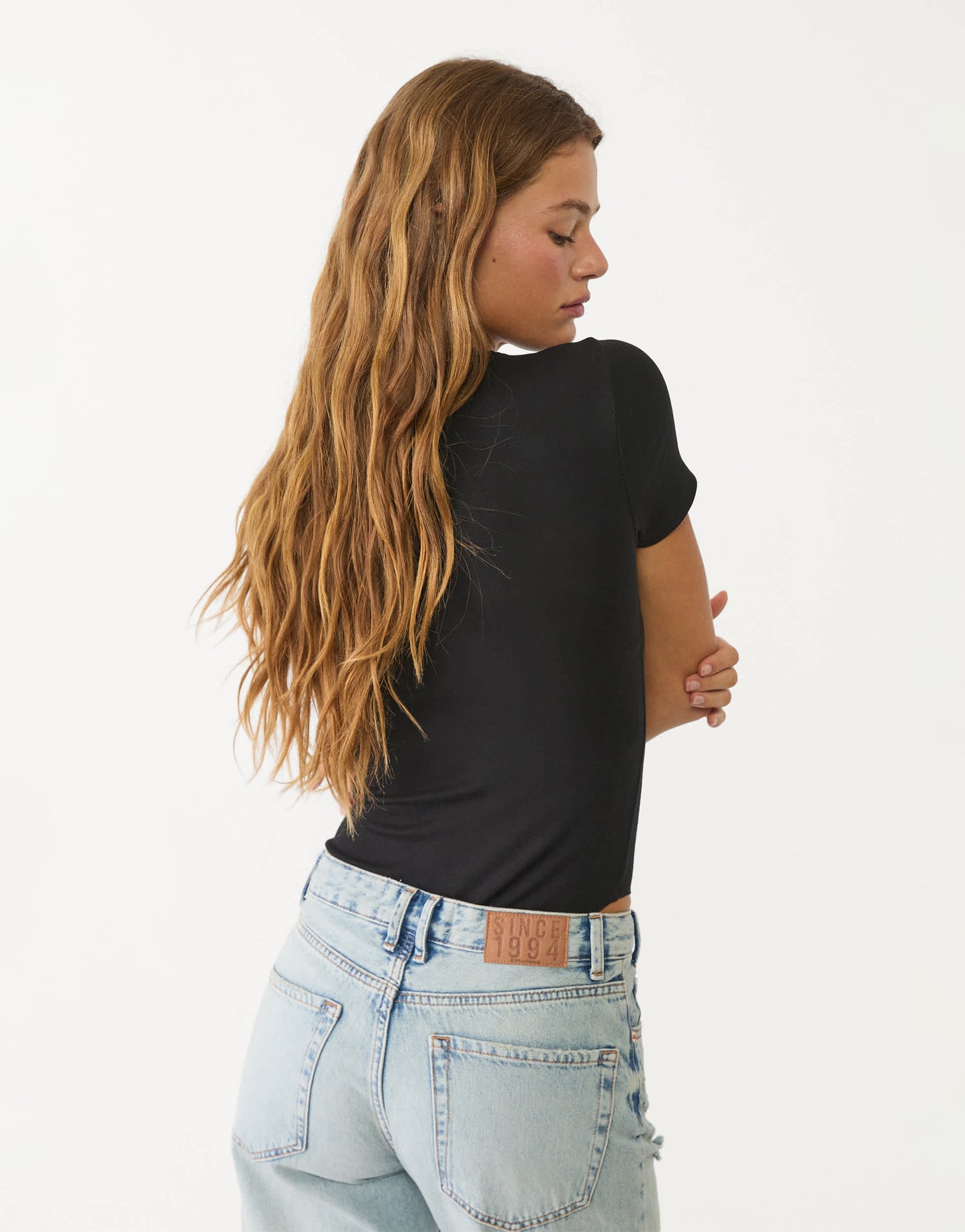 Stradivarius Basic round neck bodysuit in Black