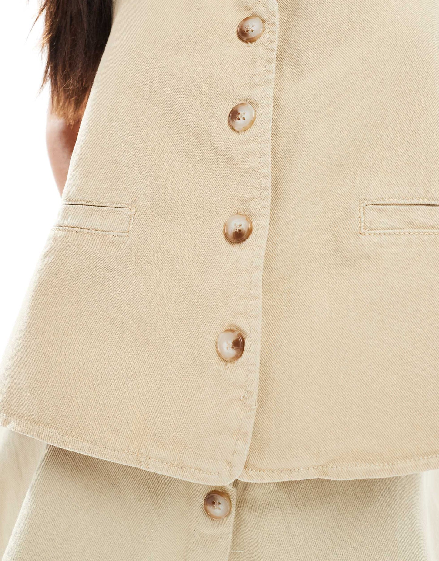 ASOS DESIGN denim halter neck tie back wiastcoat co-ord in sand