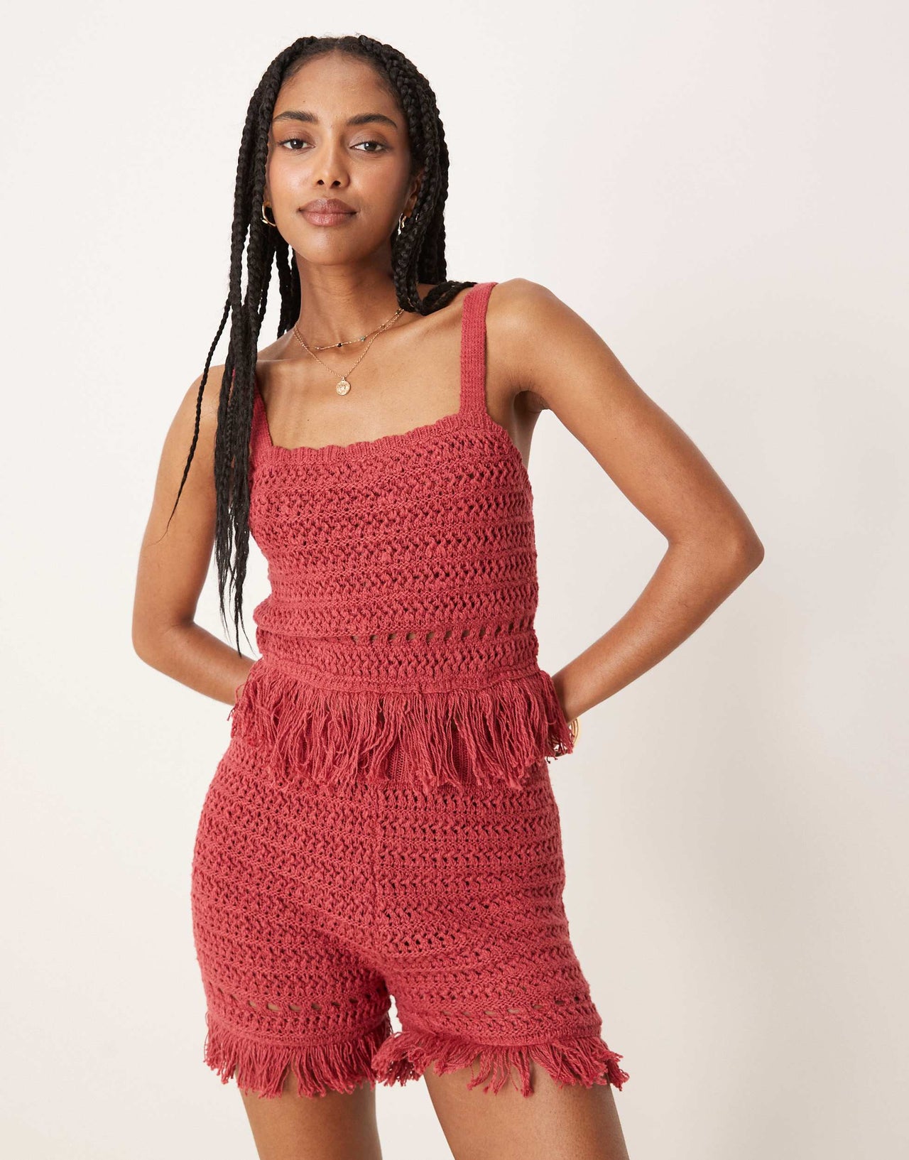 ASOS DESIGN co-ord knitted cami top in crochet stitch with fringe hem in burgundy