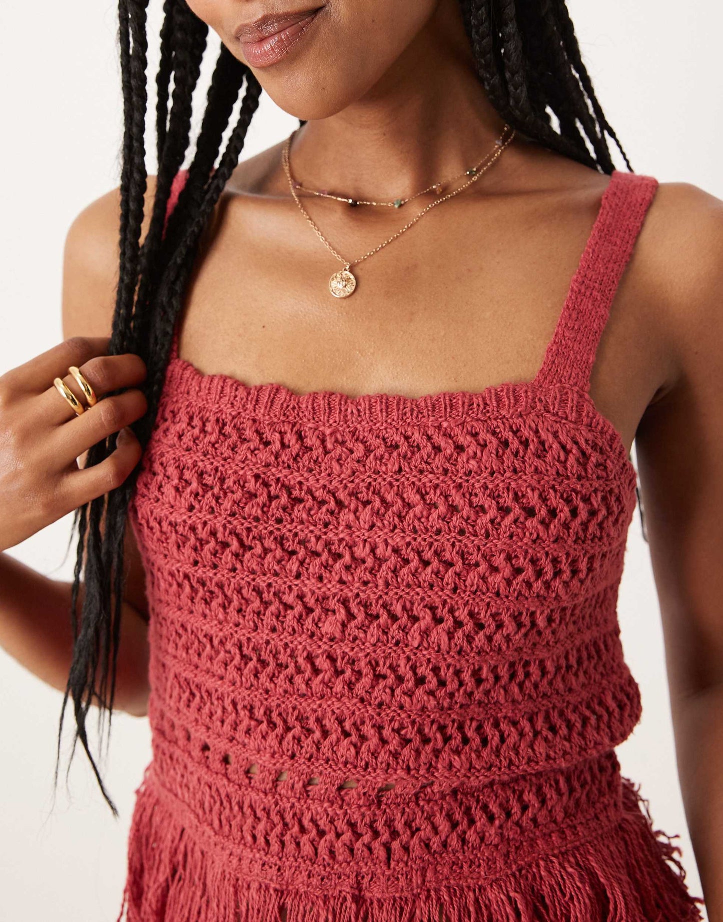 ASOS DESIGN co-ord knitted cami top in crochet stitch with fringe hem in burgundy