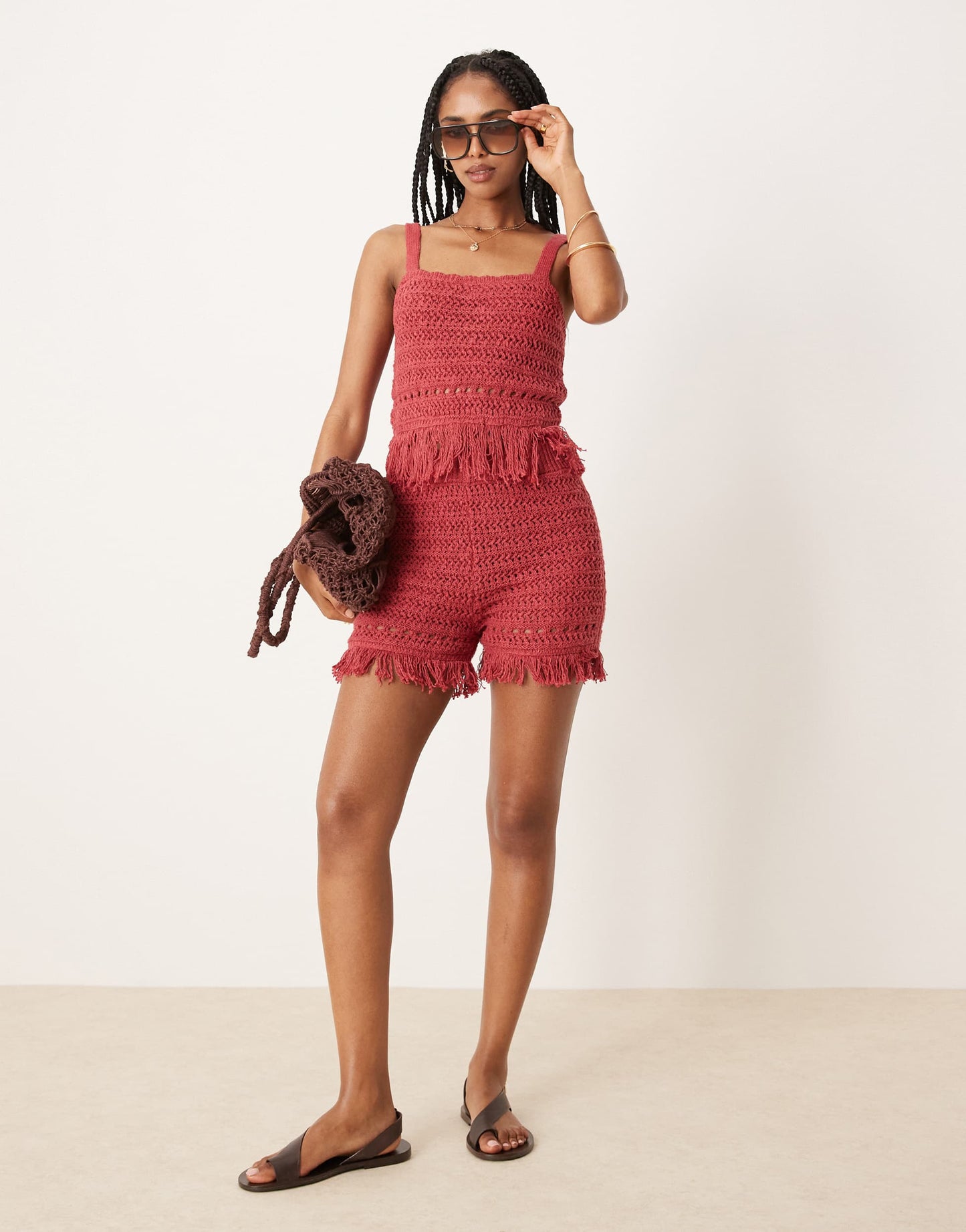 ASOS DESIGN co-ord knitted cami top in crochet stitch with fringe hem in burgundy