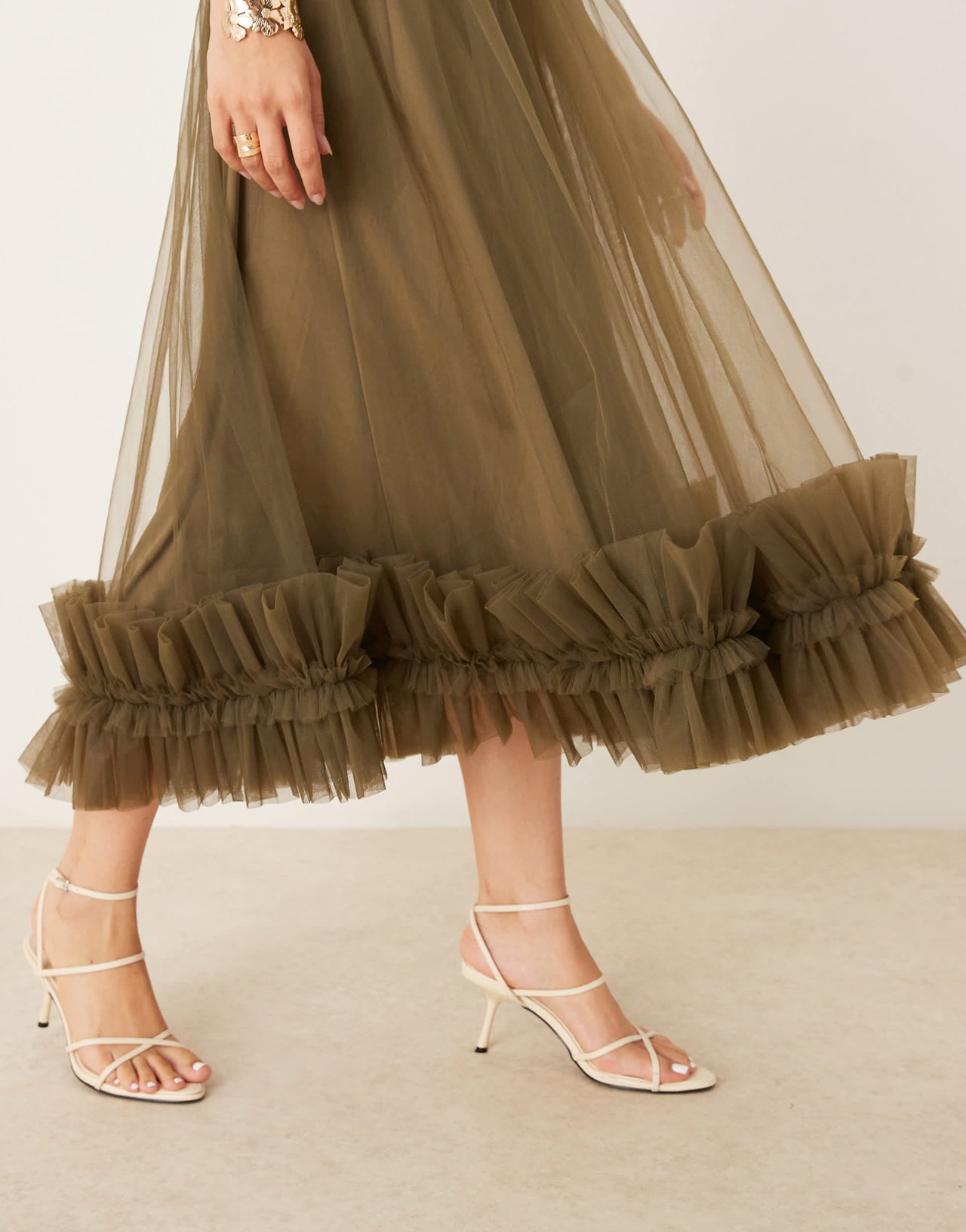 Lace & Beads corset tulle ruffle hem midaxi dress in deep olive