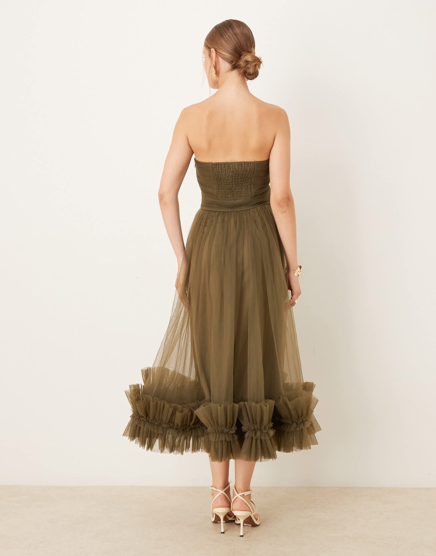 Lace & Beads corset tulle ruffle hem midaxi dress in deep olive