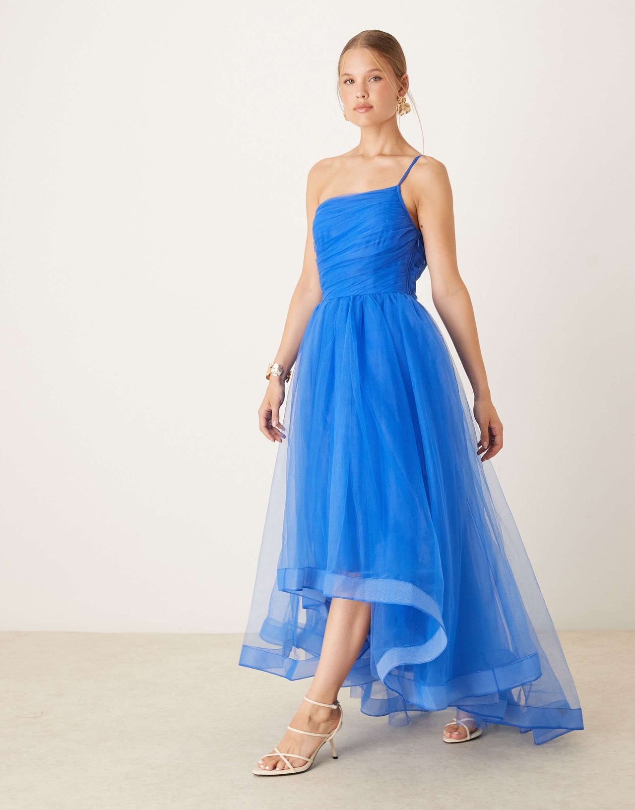 Lace & Beads asymmetric organza maxi dress in cobalt