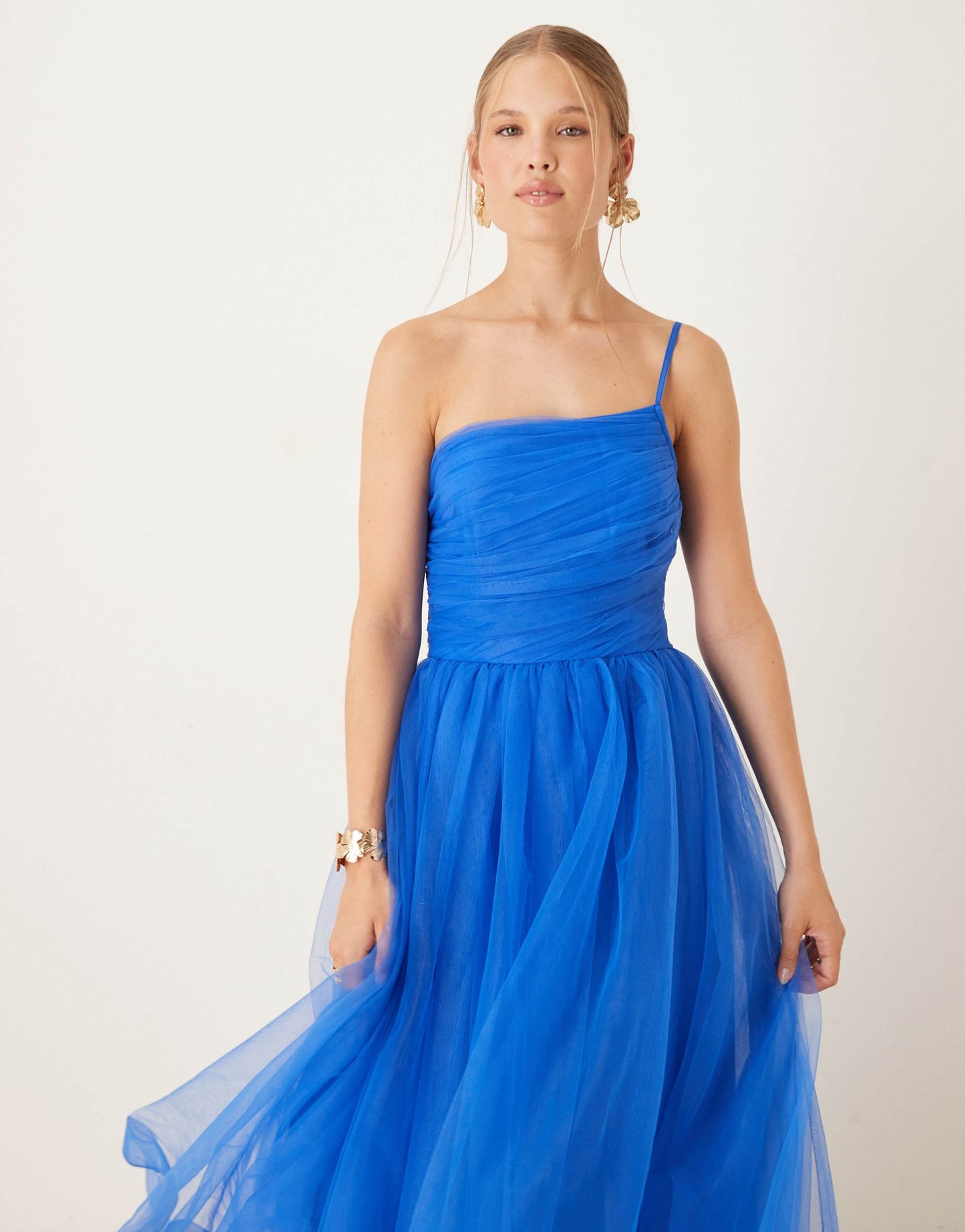 Lace & Beads asymmetric organza maxi dress in cobalt