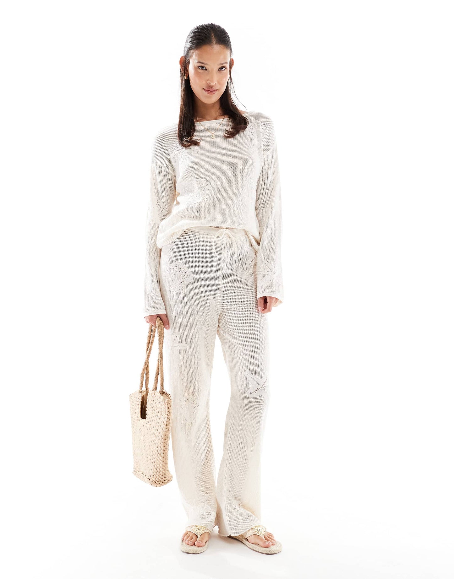 ASOS DESIGN lace knit wide leg trouser with shell motif in ecru