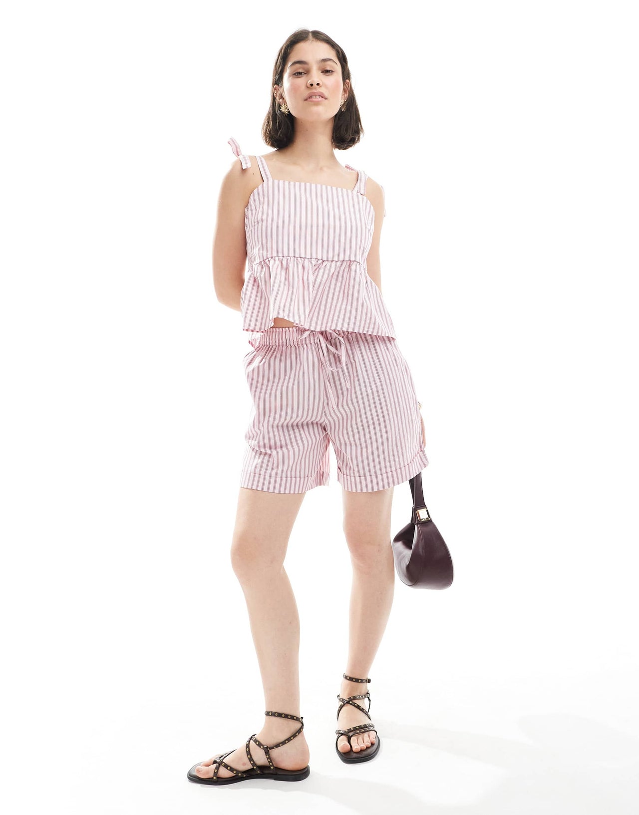 Pieces high waist short co-ord in pink and white stripe