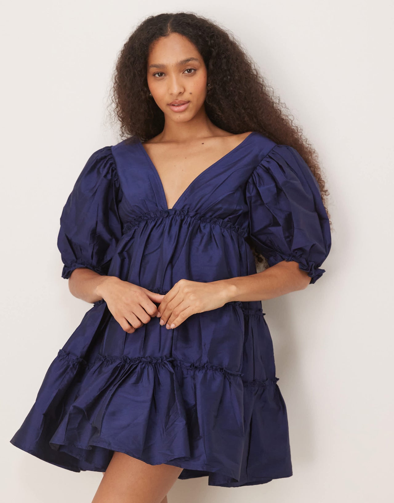 Lace & Beads puff sleave plunge mini dress in navy