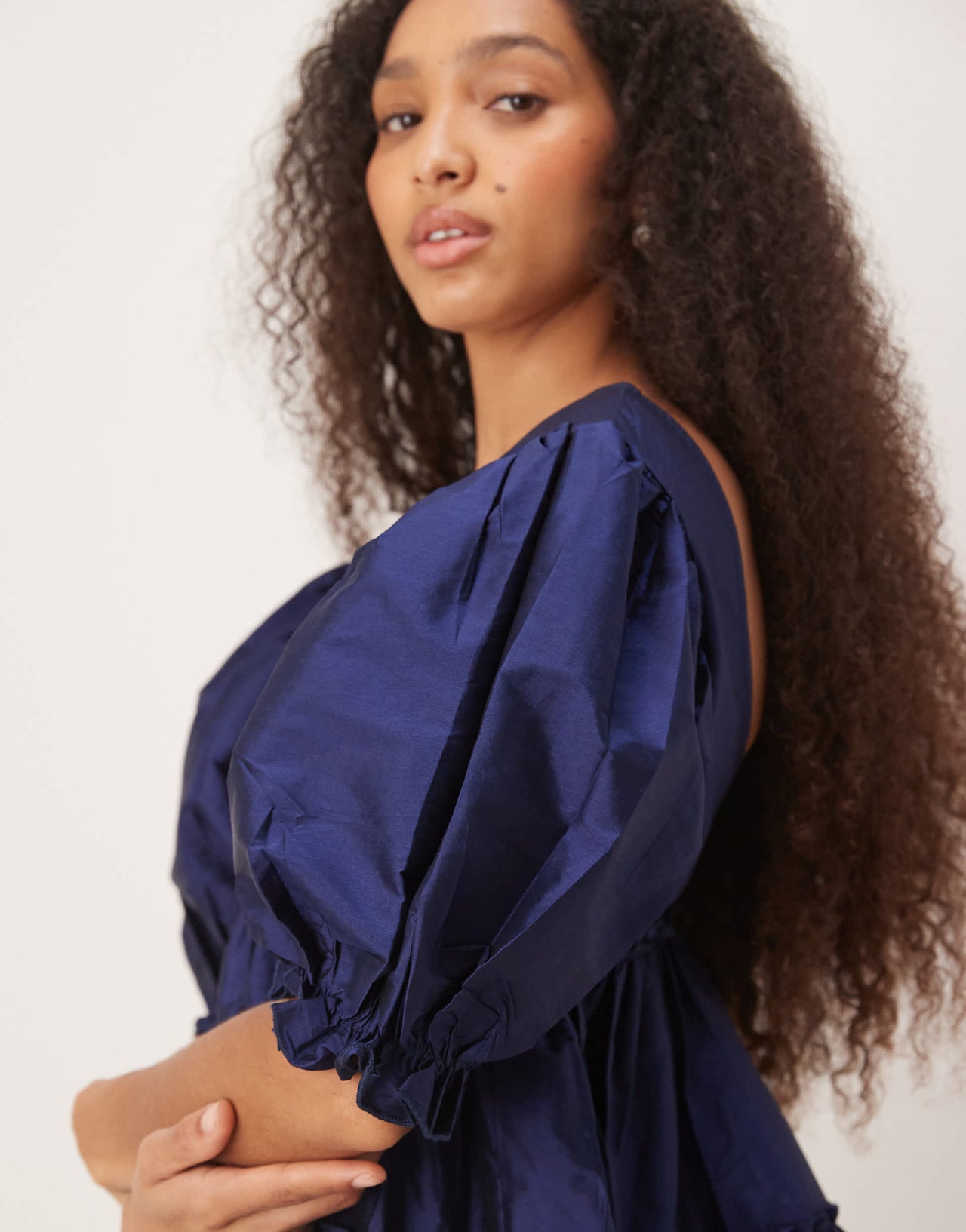 Lace & Beads puff sleave plunge mini dress in navy