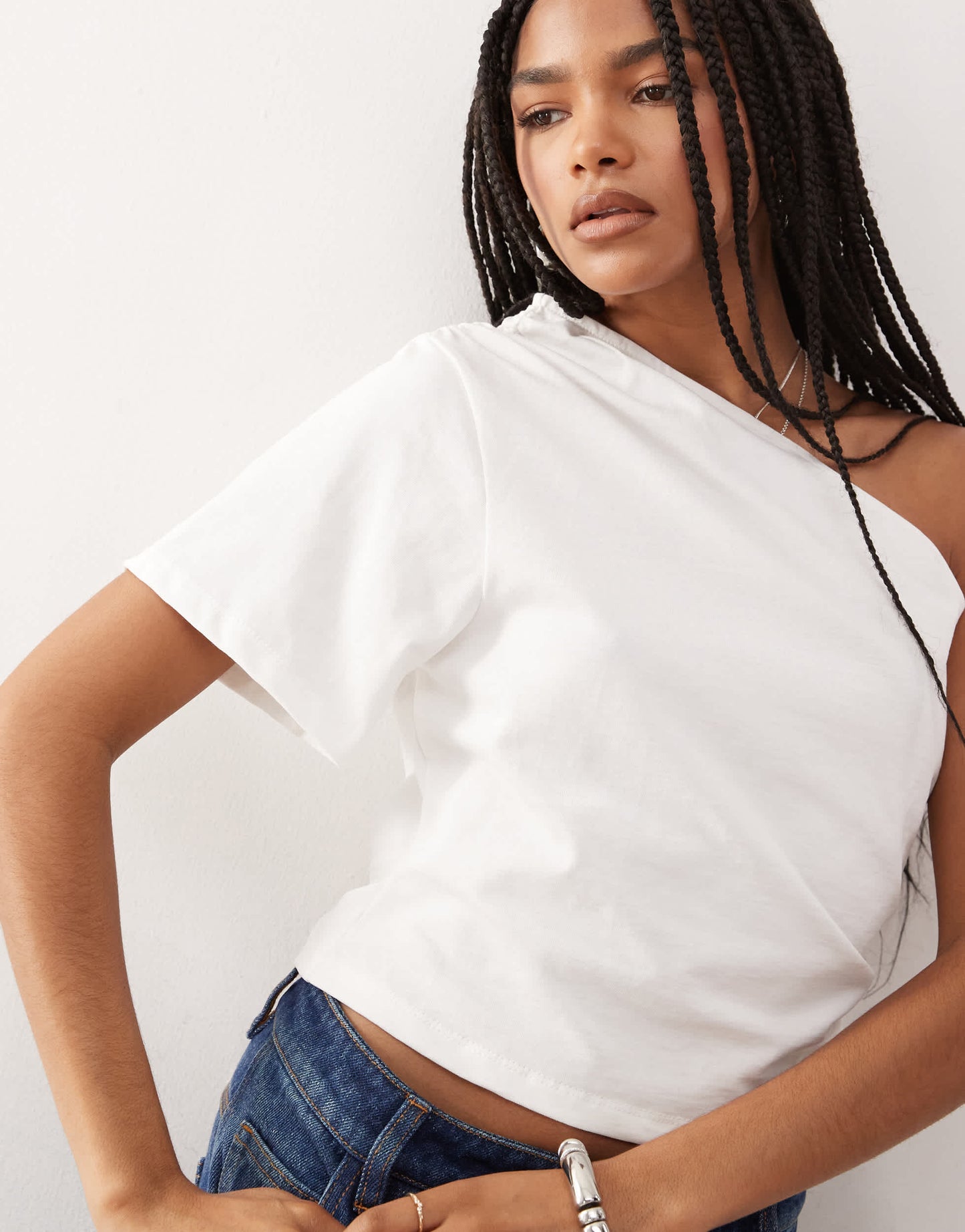 Reclaimed Vintage asymmetric one shoulder ruched detail top in ecru
