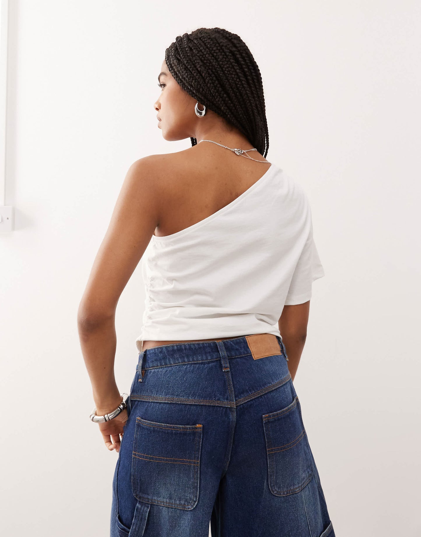 Reclaimed Vintage asymmetric one shoulder ruched detail top in ecru
