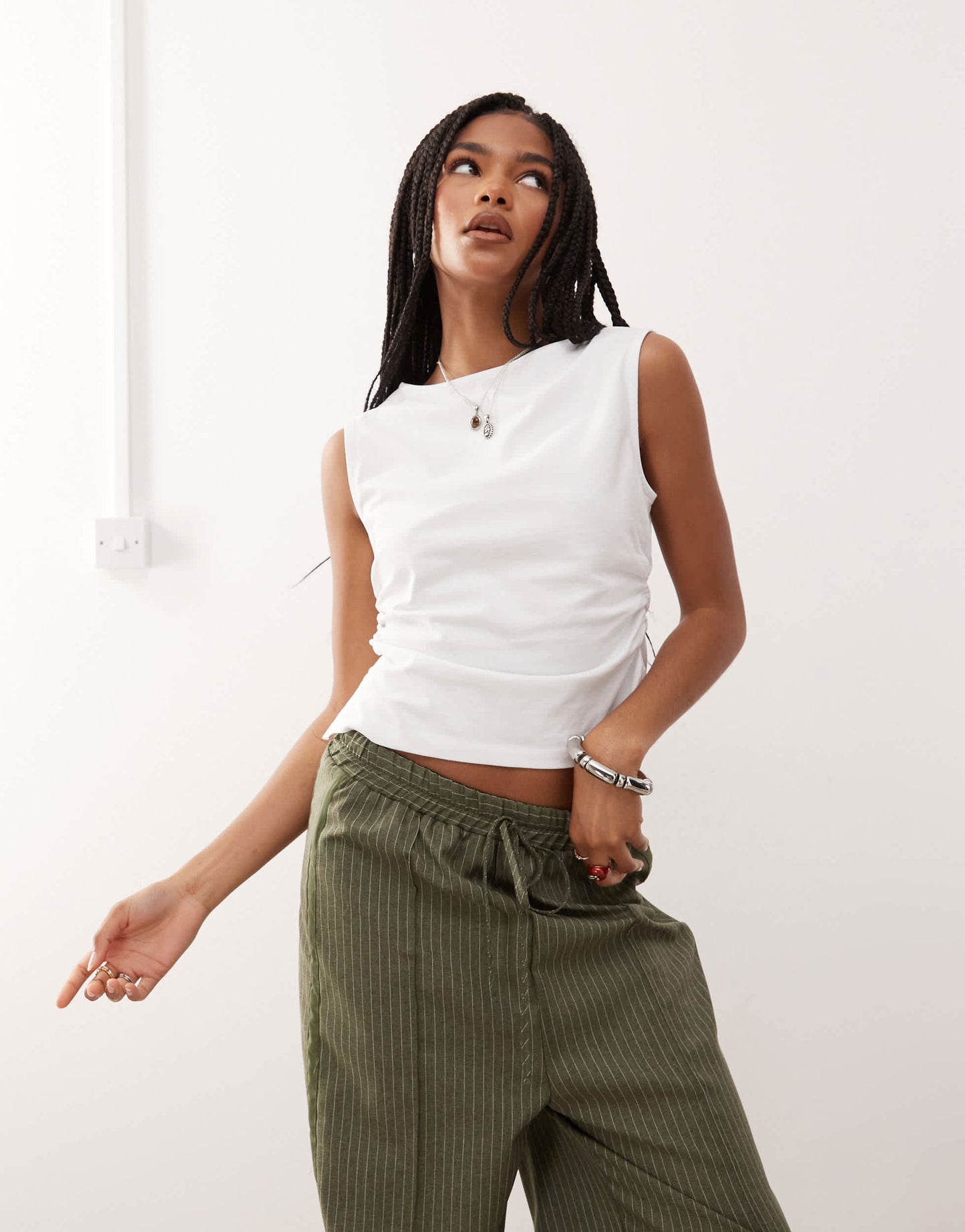 Reclaimed Vintage slash neck ruched cinched waist tank in white