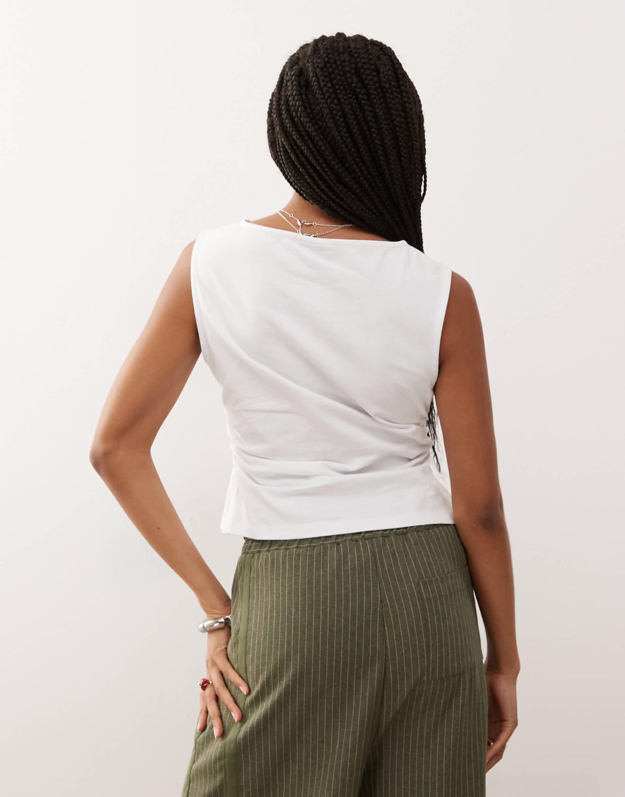 Reclaimed Vintage slash neck ruched cinched waist tank in white
