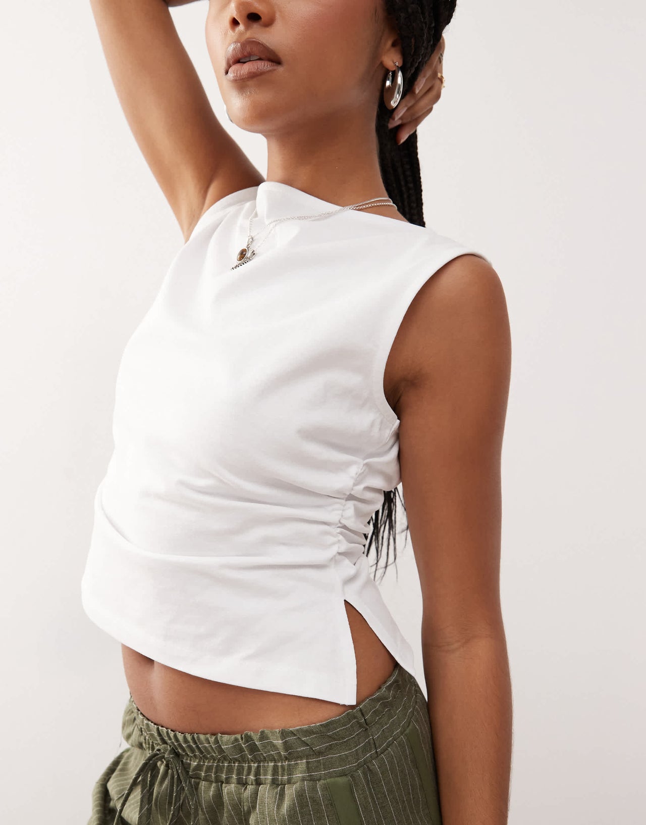 Reclaimed Vintage slash neck ruched cinched waist tank in white