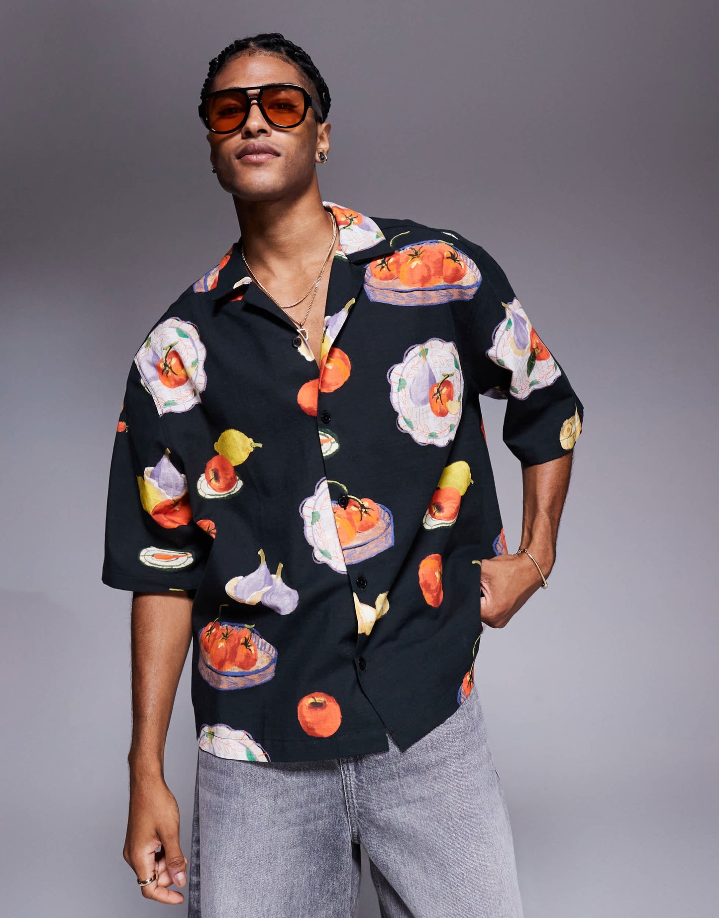 ASOS DESIGN boxy oversized revere printed shirt in black