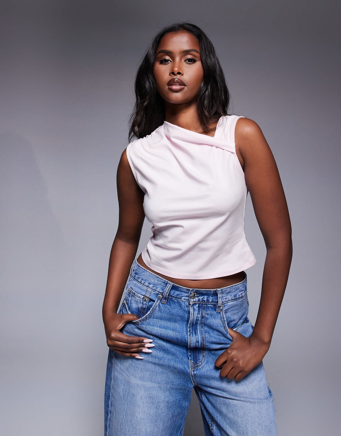 ASOS DESIGN fitted twist neck detail top in pastel pink