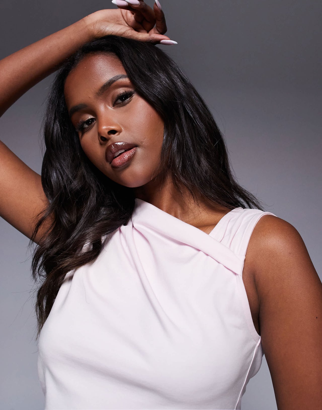 ASOS DESIGN fitted twist neck detail top in pastel pink