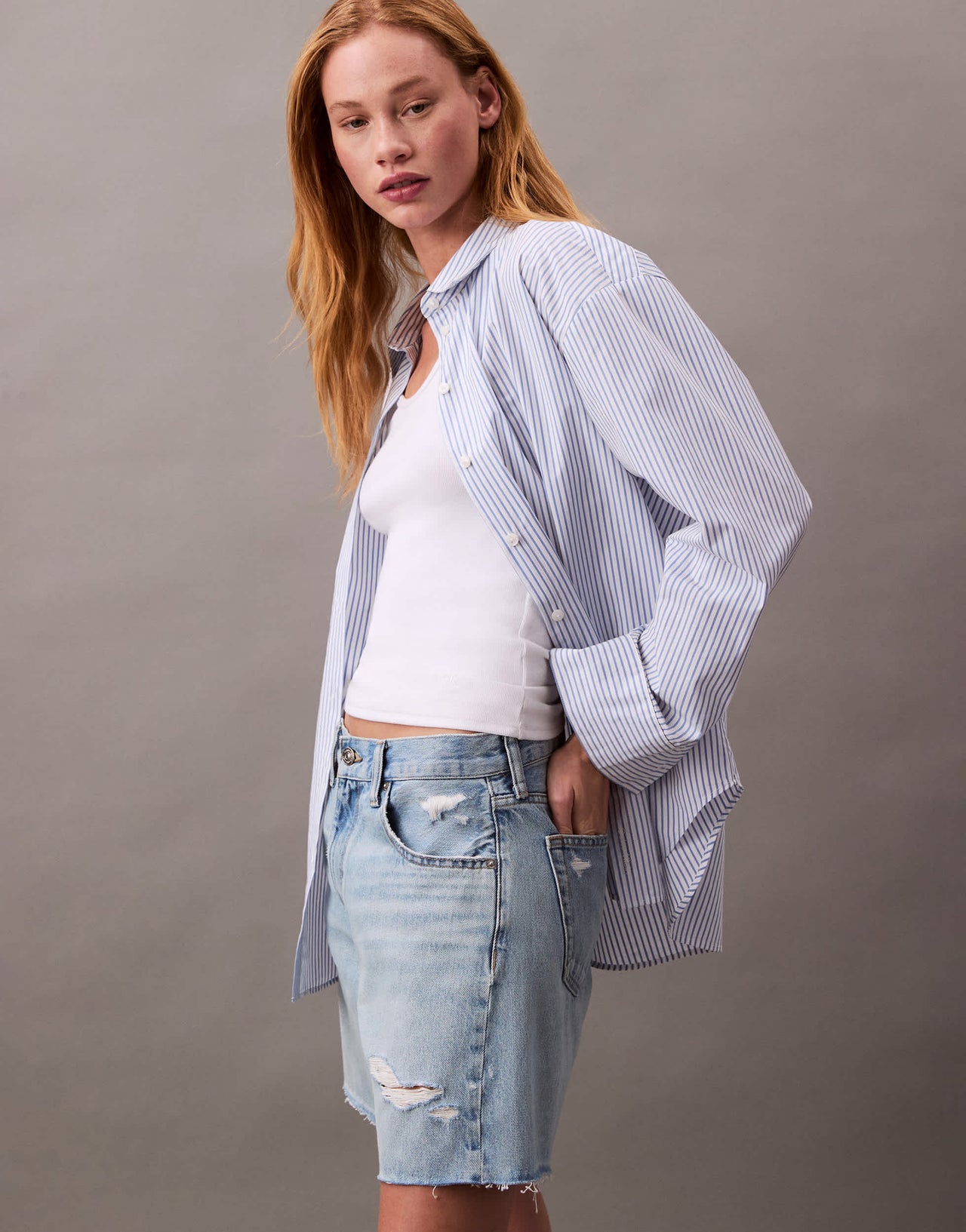 Calvin Klein Jeans signature 90s distressed denim shorts in light blue