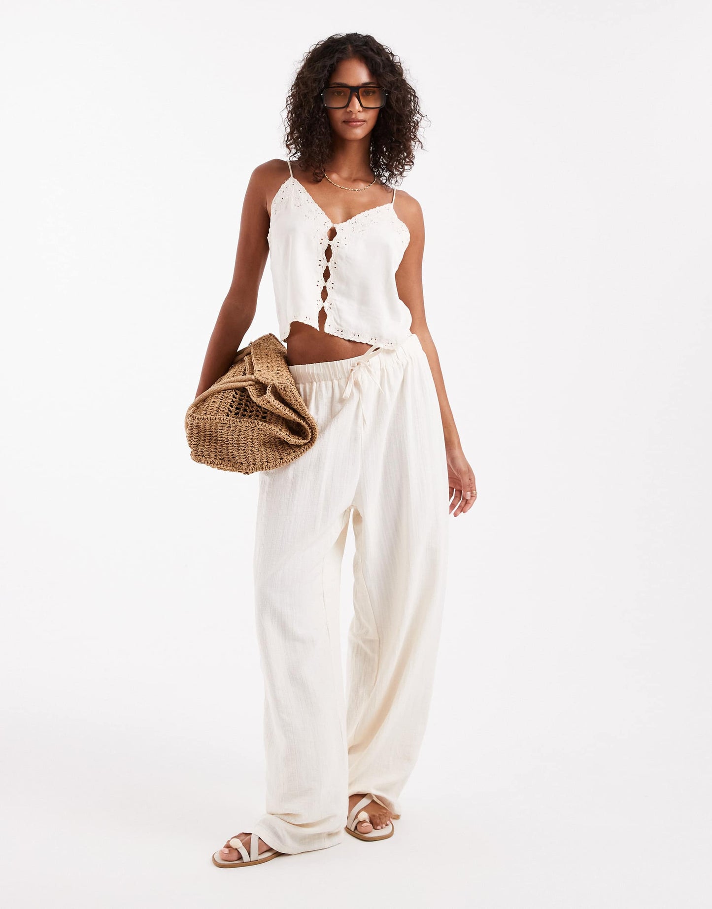 ASOS DESIGN crinkle texture pull on trousers in stone