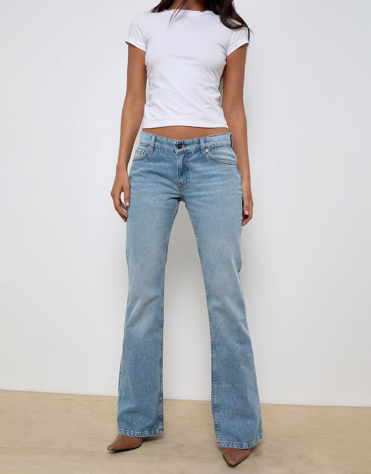 Motel rigid low rise flare jeans in bright blue used