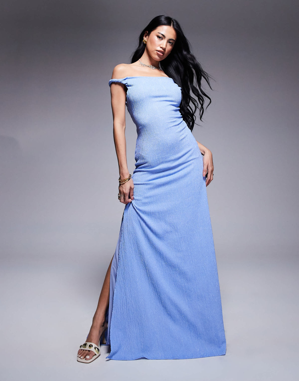 ASOS DESIGN twist shoulder with lace up back textured fabric maxi dress in blue