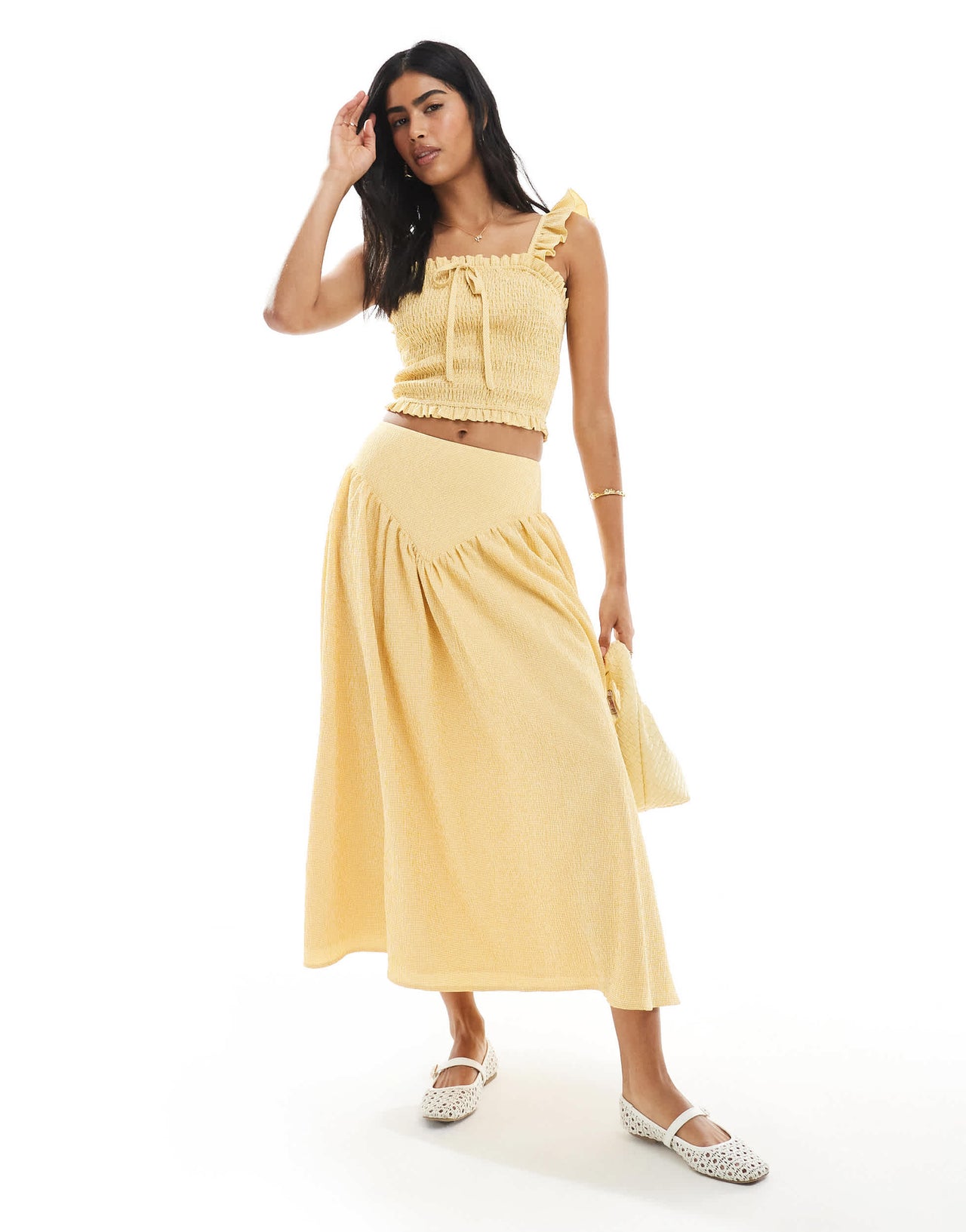 Daisy Street shirred top in yellow gingham co-ord