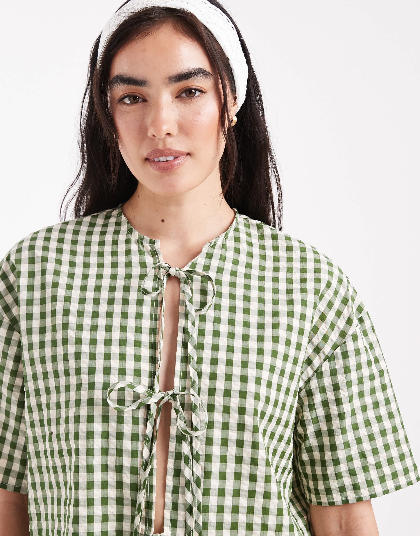 Daisy Street gingham tie front top in green check co-ord