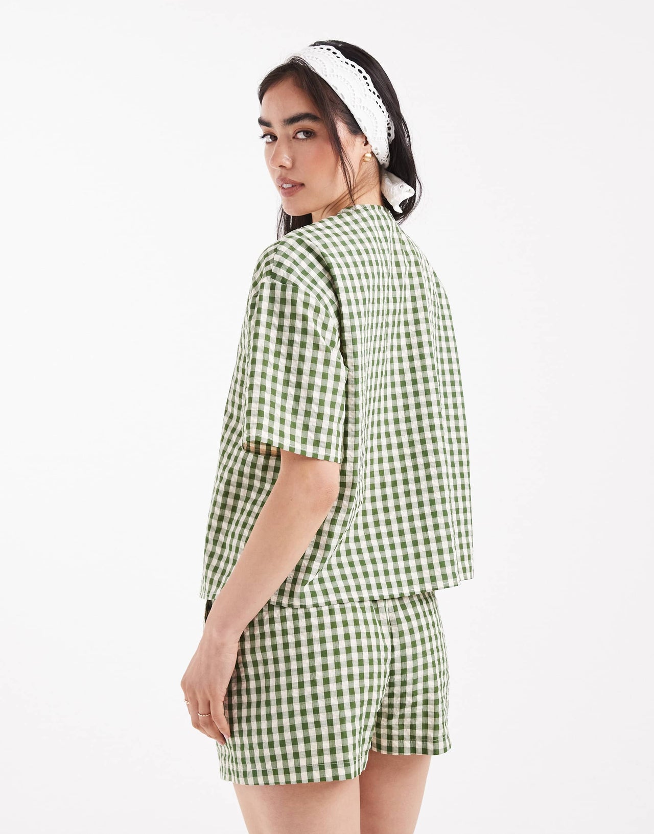 Daisy Street gingham tie front top in green check co-ord
