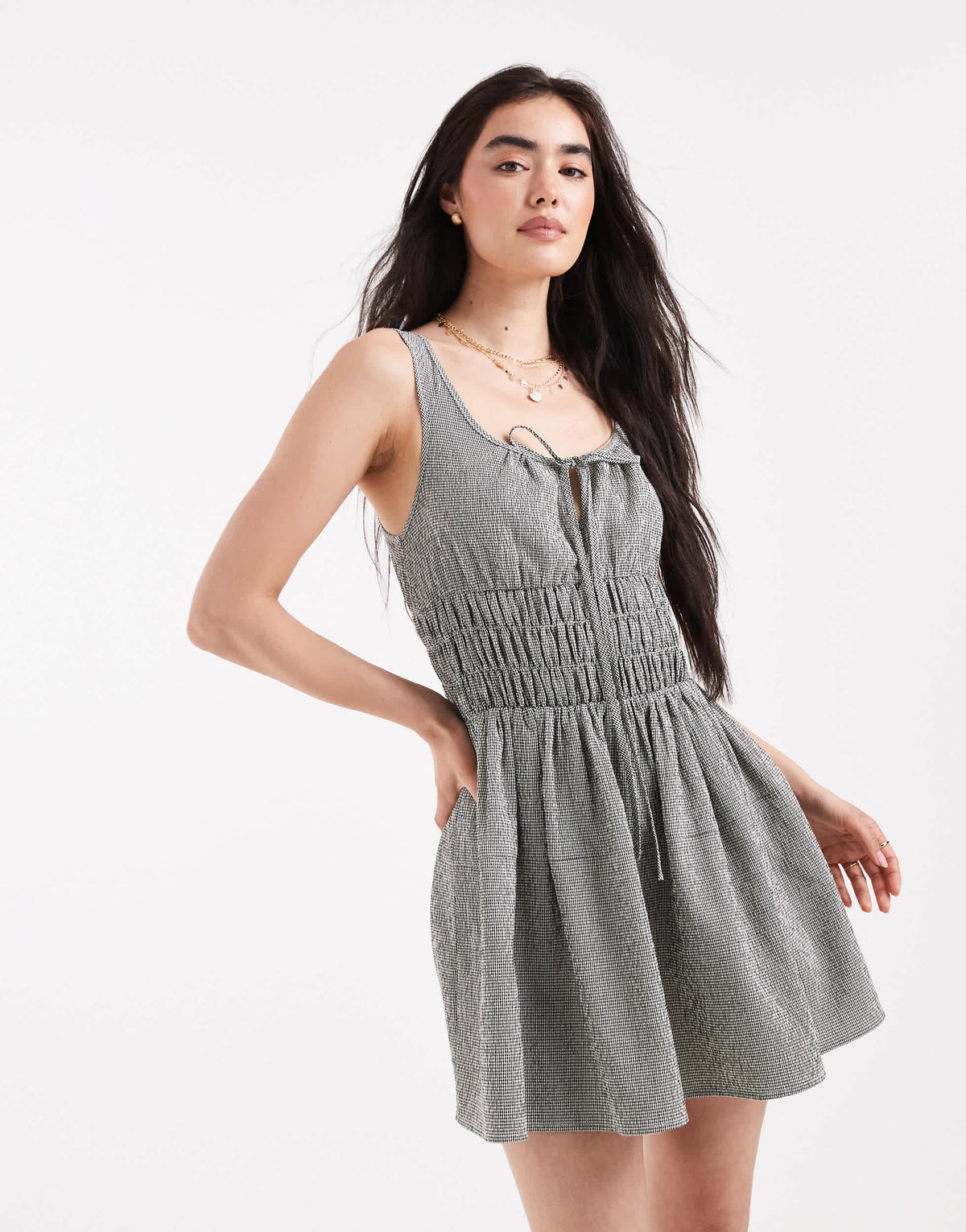 Daisy Street shirred waist detail mini dress in check gingham