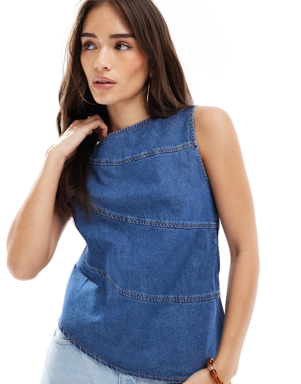 ASOS DESIGN asymmetric denim top with exposed seams in mid blue