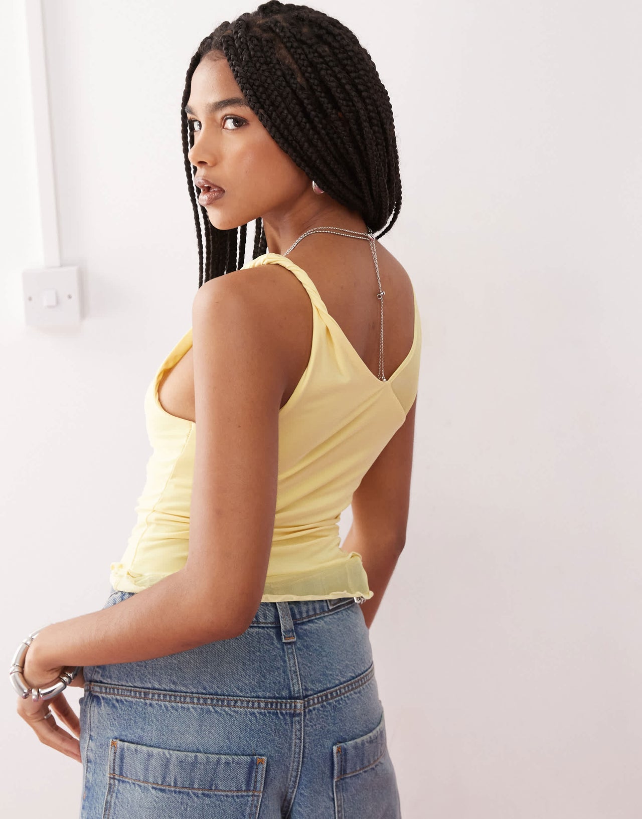 Reclaimed Vintage ruched side twist shoulder top in butter yellow