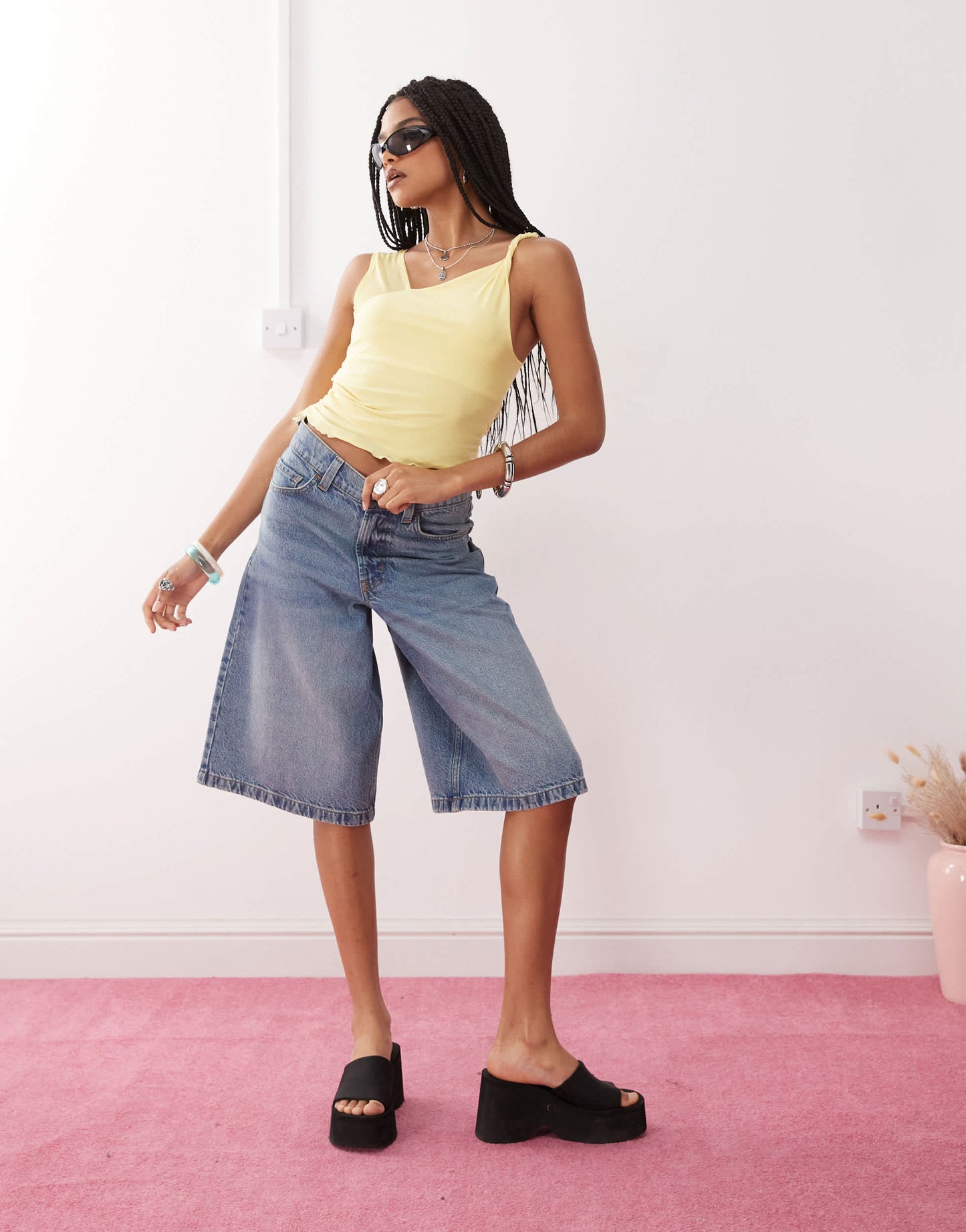 Reclaimed Vintage ruched side twist shoulder top in butter yellow