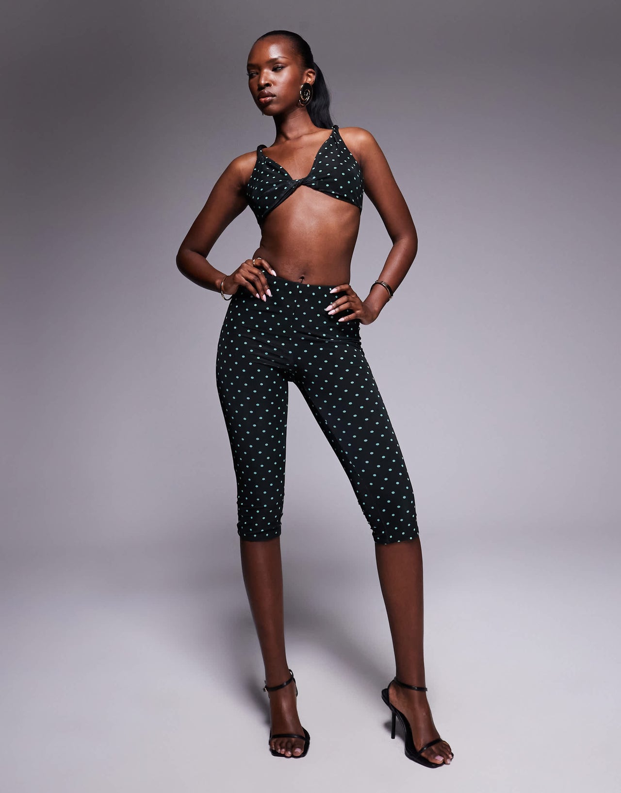 AFRM twist front halter crop top co-ord in black spot