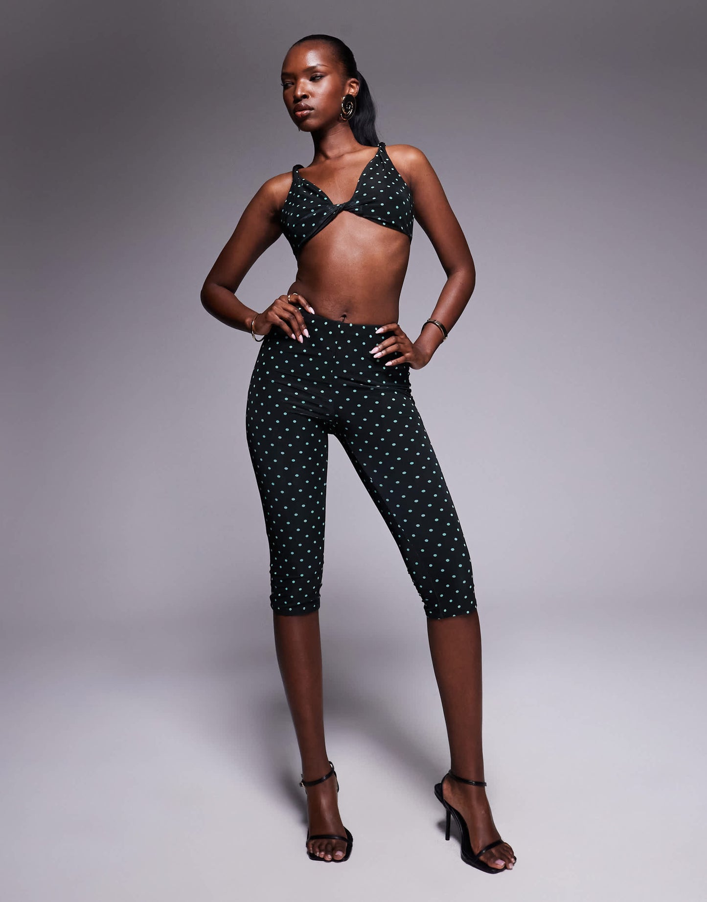 AFRM twist front halter crop top co-ord in black spot